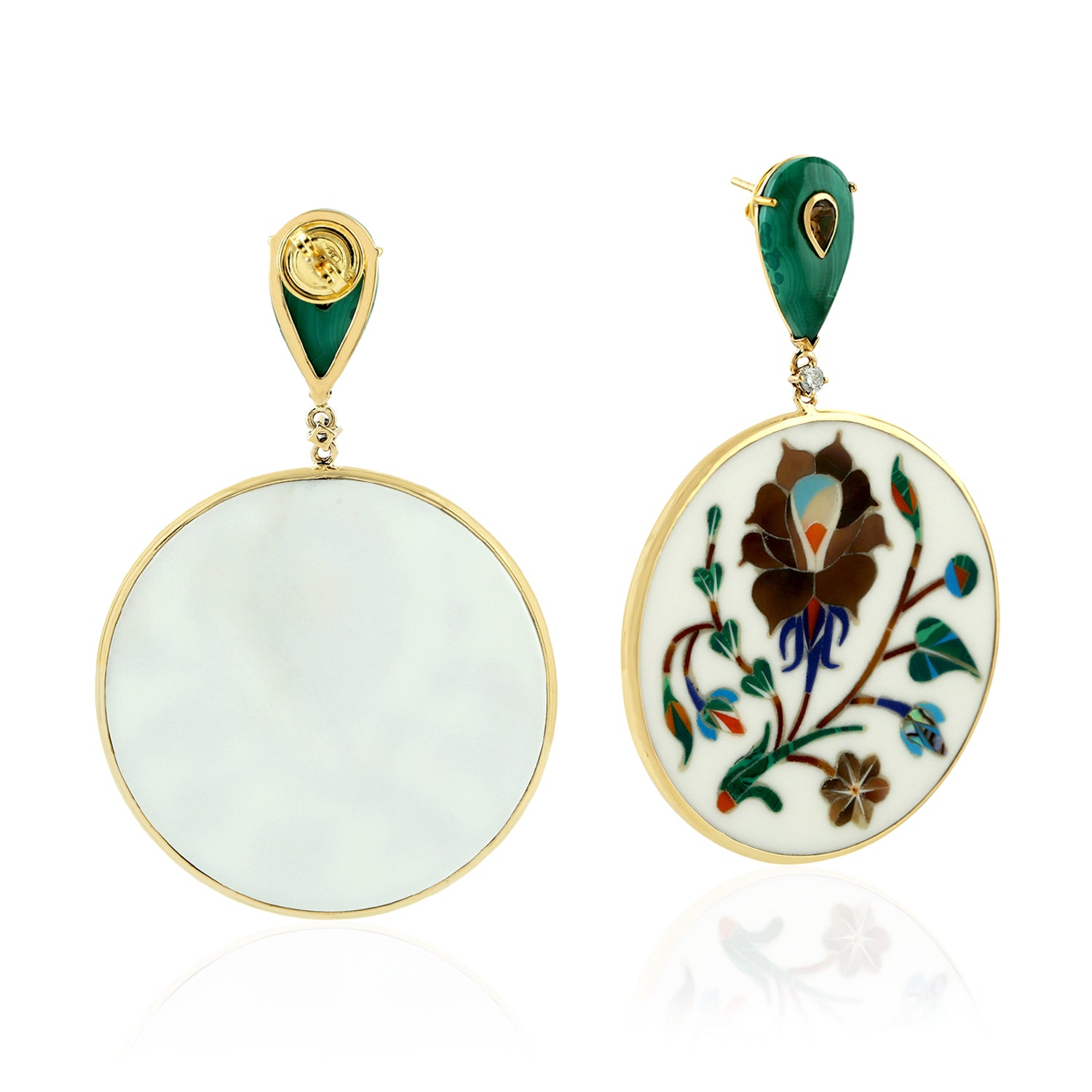 Malachite Bezel Set Quartz Smoky Picture Bakelite Prong Diamond Dangler Earrings in Gold - Elegant Vintage Jewelry for Women, Perfect for Parties, Weddings & Special Occasions