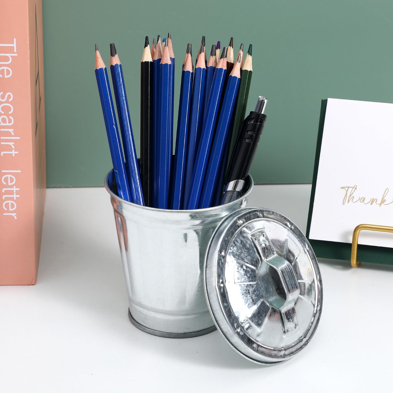 Jojofuny Mini Desktop Trash Can - Small Iron Wastebasket with Pencil Holder, Perfect for Home, Office & Kitchen - Silver (Ideal for Desks, Countertops & Workspaces)