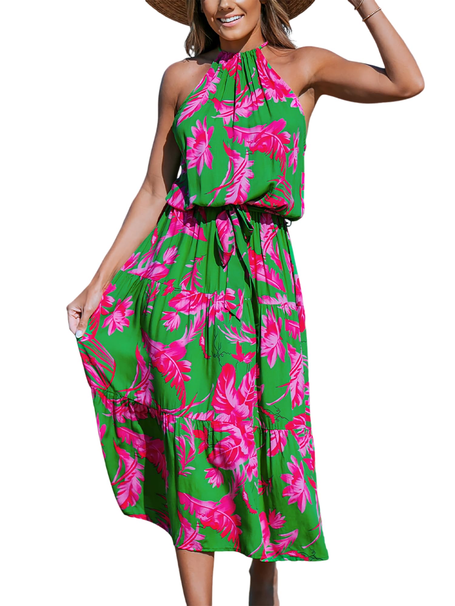 CUPSHE Women's Floral Midi Dress - Halter Neck, Sleeveless, Belted Ruffled A-Line Summer Dress for Casual Wear | Perfect for Beach, Vacation, and Outdoor Events