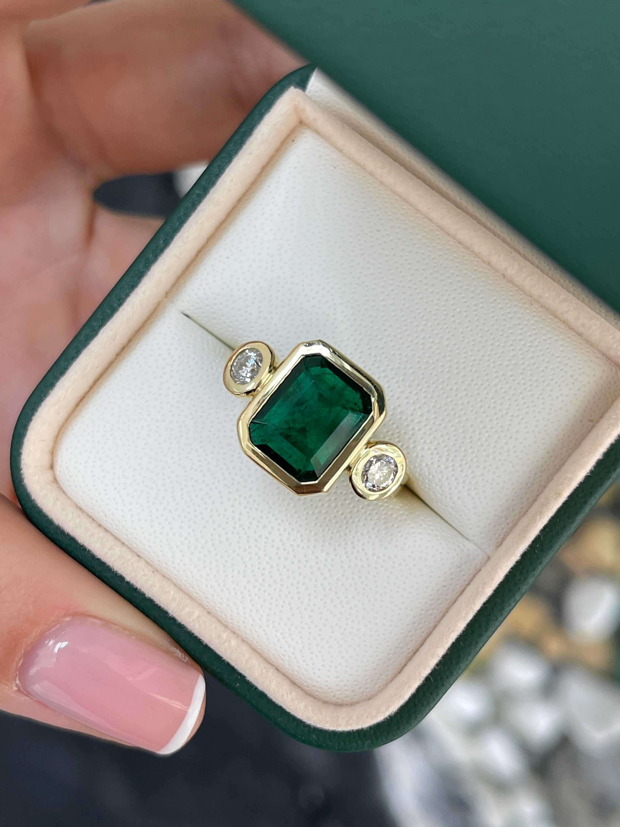 4.58tcw Natural Dark Emerald & Round Diamond Three Stone Ring in 18K Gold - Elegant Engagement, Anniversary or Gift Jewelry for Women