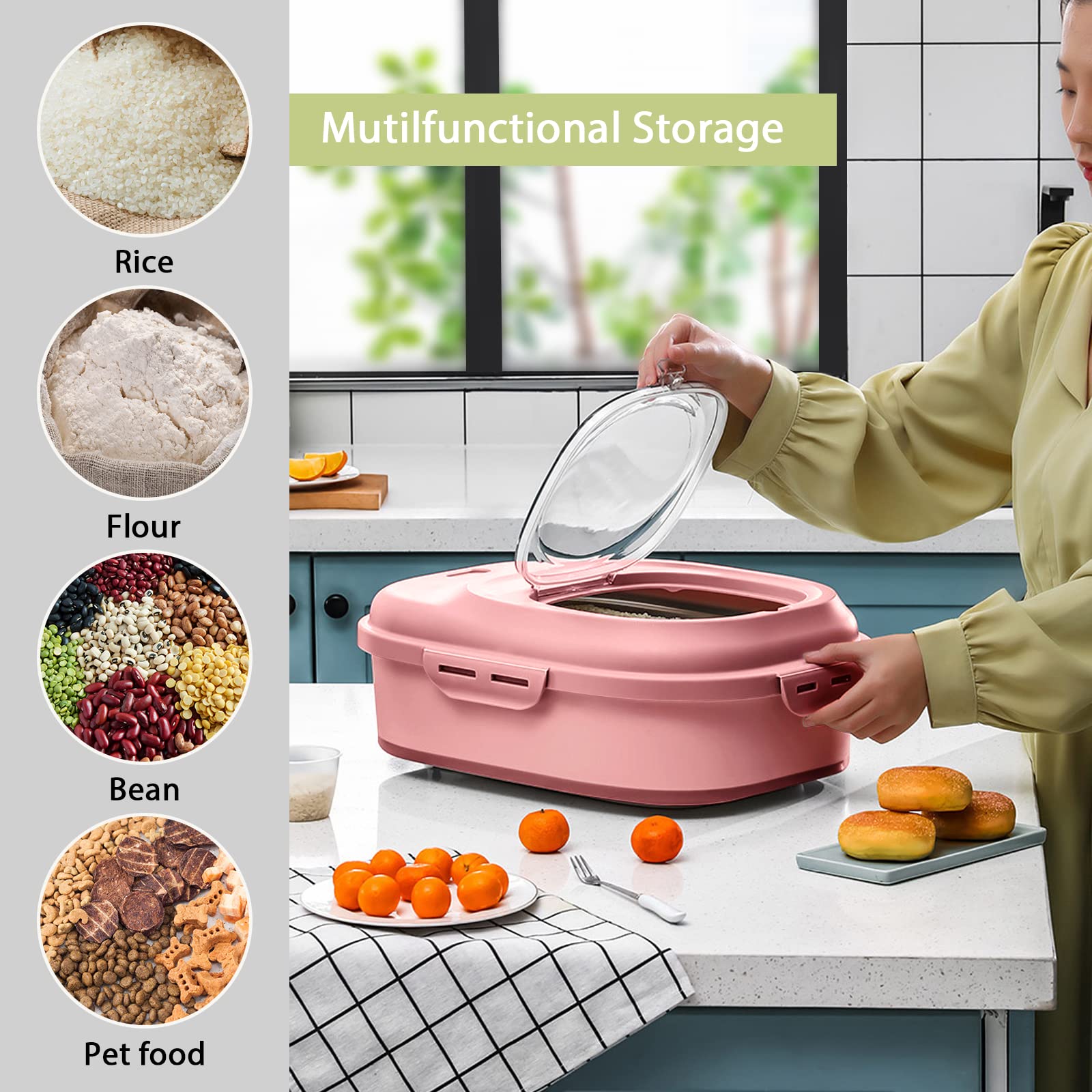 Foldable Airtight Rice Storage Container with Measuring Cup & Wheels - 10L BPA-Free Food Storage for Flour, Sugar, Dry Goods | Kitchen Pantry Organization & Bulk Food Storage (Pink)