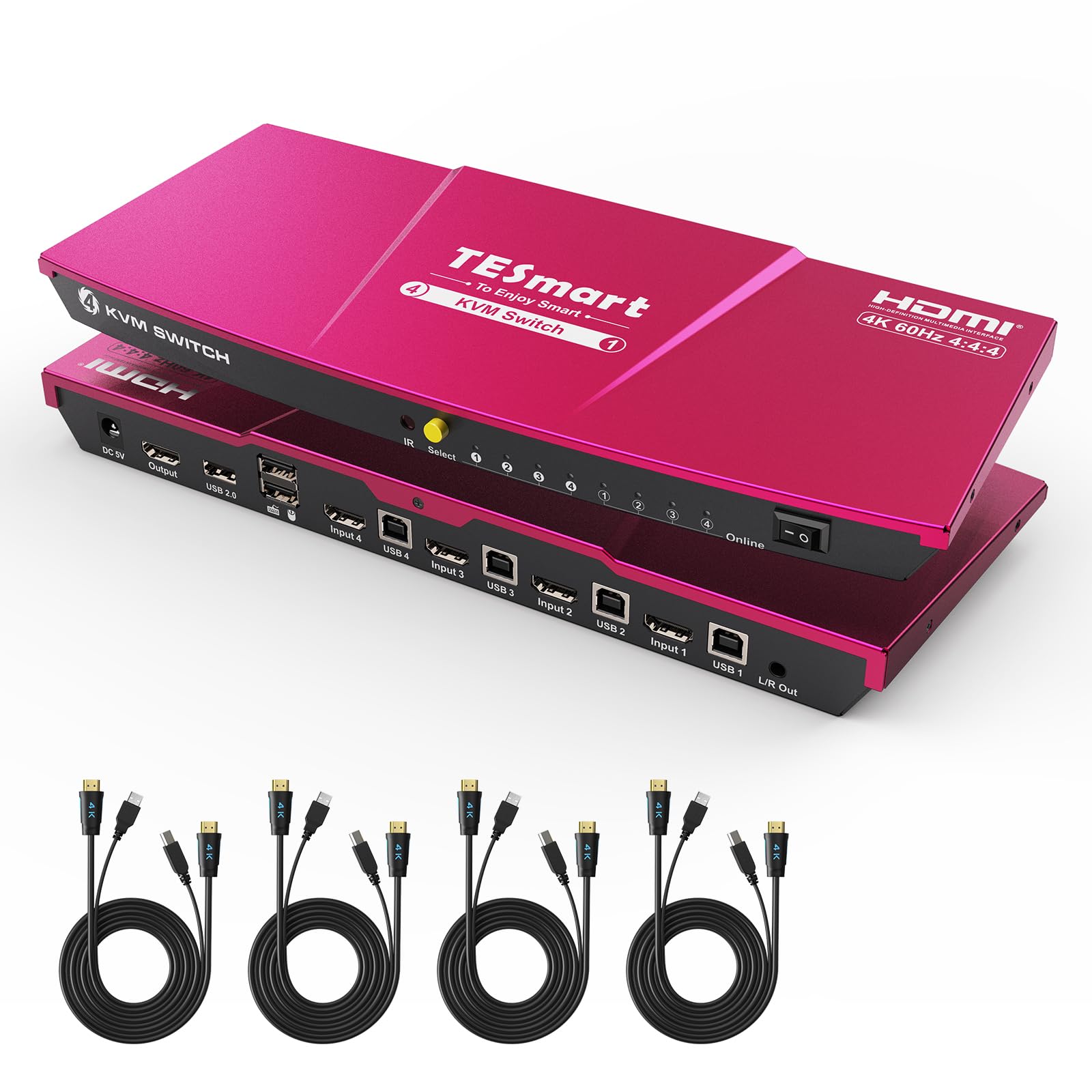 TESmart 4 Port HDMI KVM Switch - 4K UHD@60Hz, USB 2.0, EDID, Stereo Audio | Control 4 Computers with 1 Monitor | Hotkey Switching & Advanced Keyboard/Mouse Compatibility | Perfect for Home Office, Gaming Setup & Multi-PC Workstations (Includes Cables)