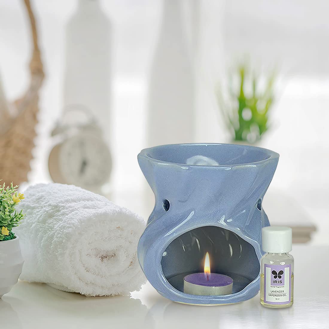 Premium IRIS Ceramic Vaporizer with 5ml Lavender Essential Oil & 2 Tea Lights - Elegant Home Fragrance Diffuser for Aromatherapy, Relaxation & Spa-Like Ambience - Perfect for Bedrooms, Living Rooms & Office Spaces