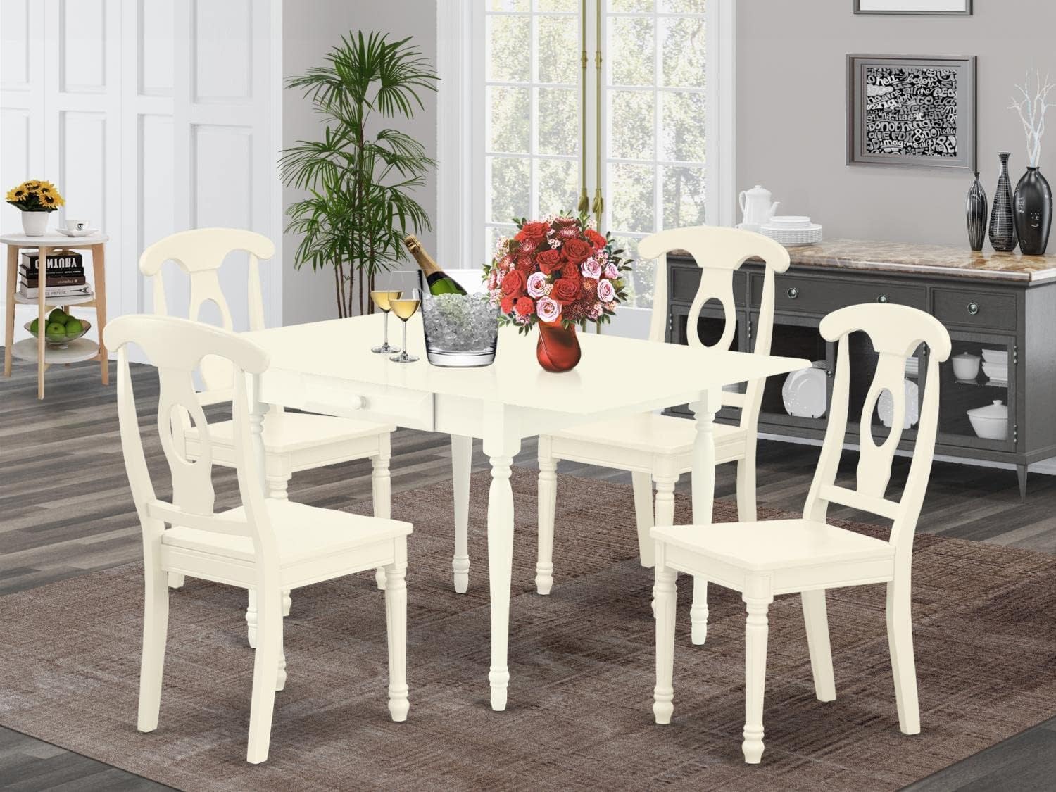East West Furniture MZKE5-LWH-W 5-Piece White Linen Dining Set with Drop-Leaf Table (36x54 Inch) & 4 Chairs - Perfect for Small Kitchens, Breakfast Nooks & Cozy Apartments