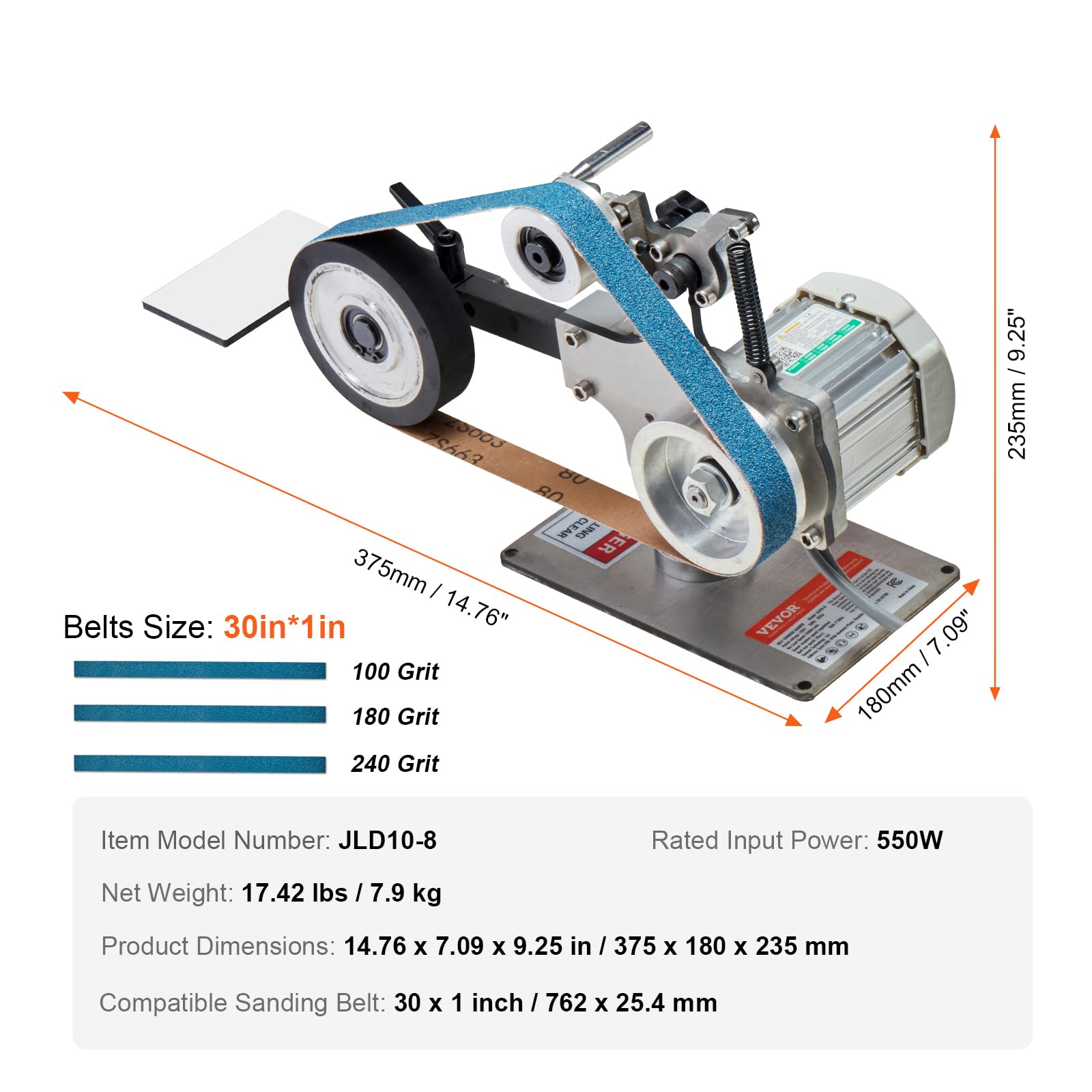 VEVOR 30 x 1-Inch Variable Speed Belt Grinder Sander with VFD, 550W Metal Polishing & Grinding Machine - Includes 2 Grinding Moulds & 3 Sanding Belts for Knife Making, Metalworking, Woodworking & DIY Projects