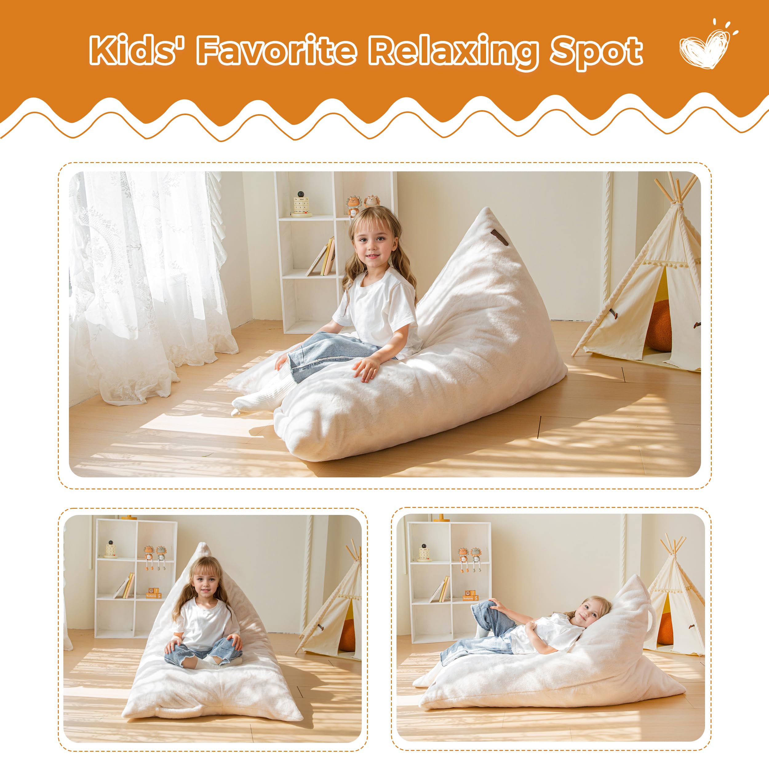 MAXYOYO Kids Bean Bag Chair with Handle - High Density Foam Floor Lounger for Boys & Girls - Soft White Kids Seating for Bedroom, Playroom & Reading Nook