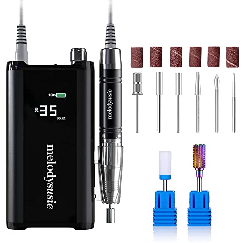 MelodySusie Professional Cordless Nail Drill 35000 RPM - Rechargeable Brushless Nail Efile Machine for Acrylic & Poly Gel Nails - Low Noise, Low Vibration & Heat - Portable Manicure Pedicure Kit for Home & Salon Use - Sparkle Pro Set