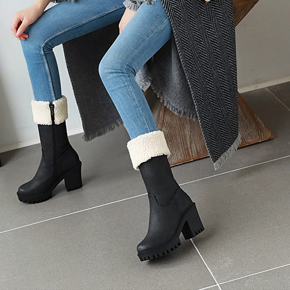SO SIMPOK Women's Winter Snow Boots with Side Zipper - Warm Ankle Boots Suede Chunky Block Heel Round Toe Faux Fur Lined Mid Calf Boots for Outdoor, Snowy Weather & Casual Winter Fashion