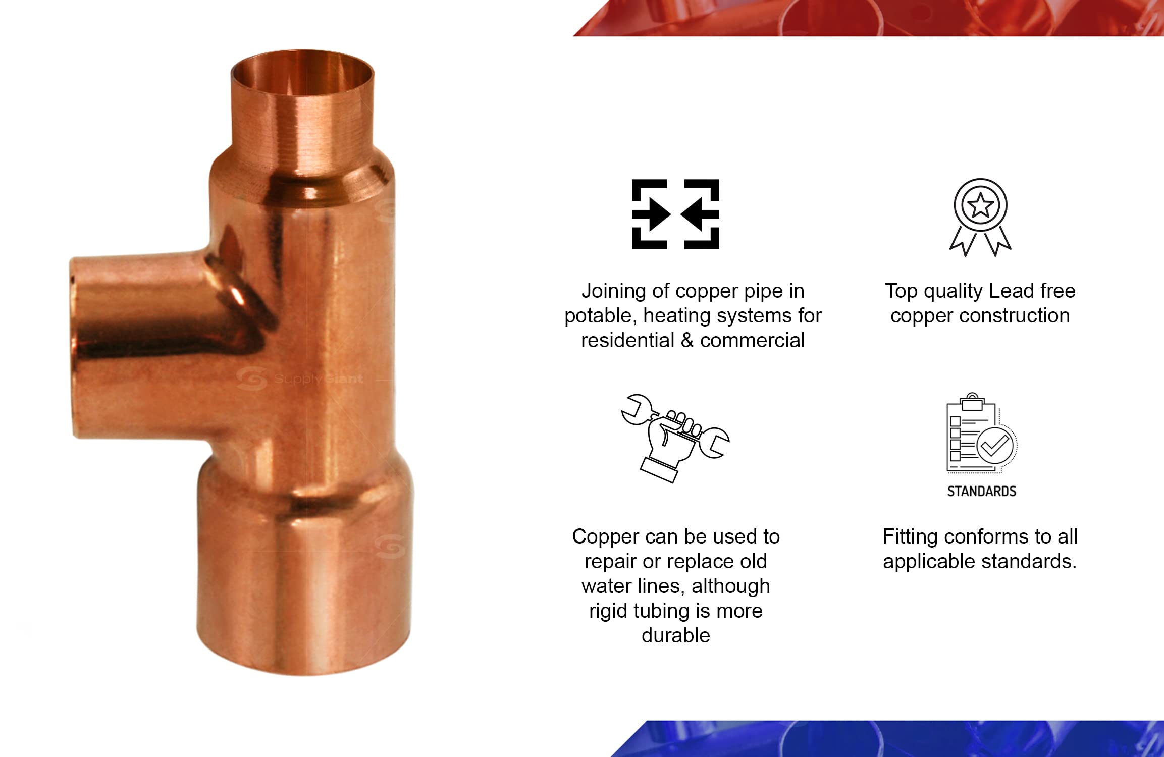 5 Pack DDSU1512-5 Reducing Tee Copper Fittings with Sweat Ends, 1-1/2