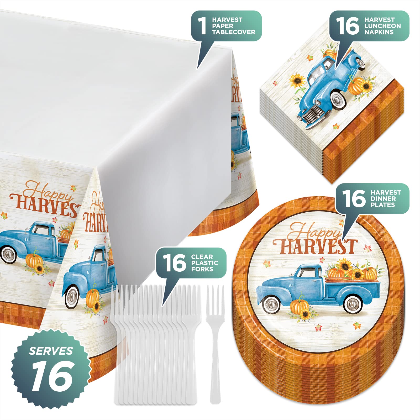 Autumn Harvest Party Dinnerware Set - 16-Piece Plaid Truck & Fall-Themed Plates, Napkins, Forks & Table Cover | Perfect for Thanksgiving, Halloween & Seasonal Gatherings