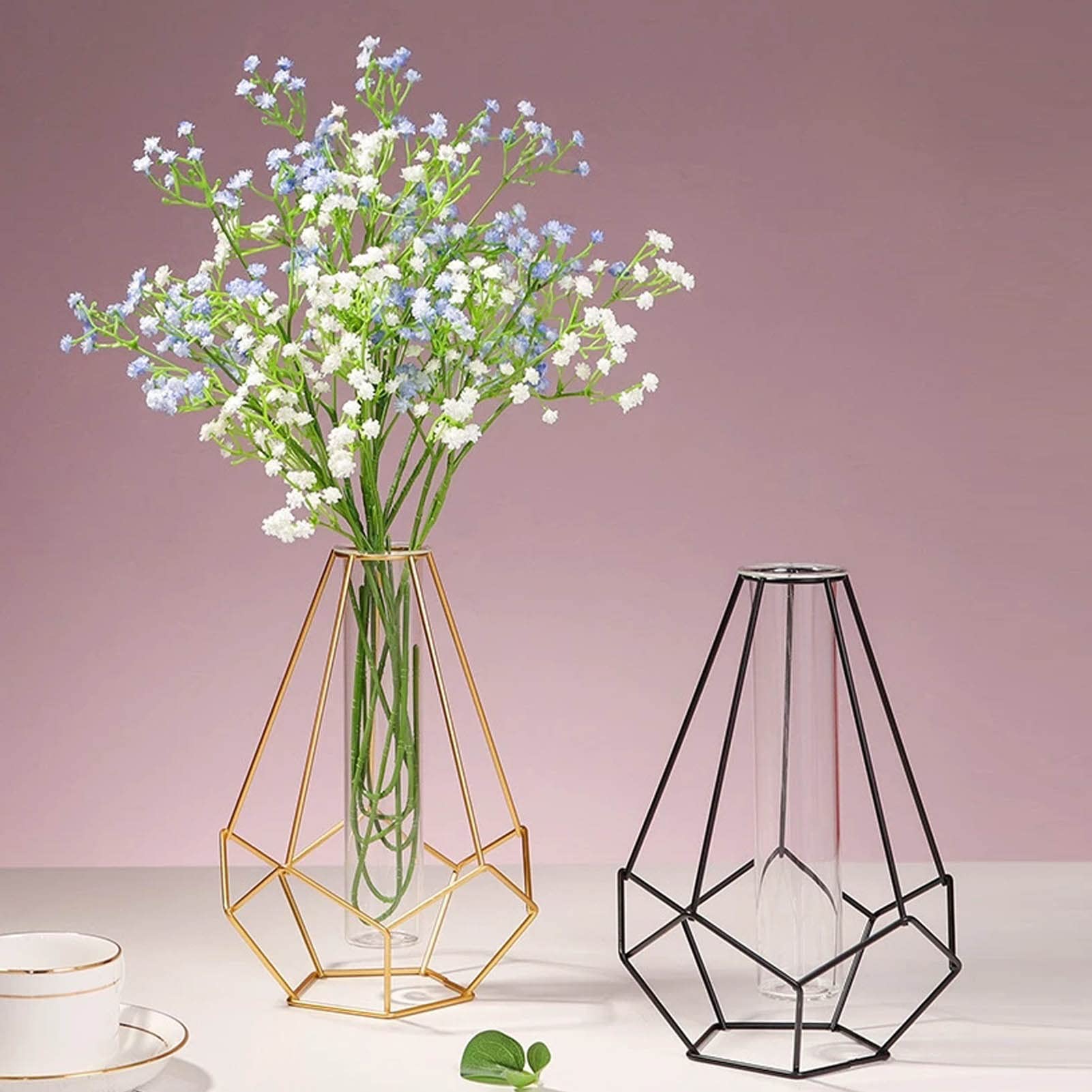 Nordic Simple Glass Flower Vase - Hydroponic Plant Vase with Iron Geometric Stand, Modern Home Decor for Living Room, Bedroom & Office (Black)