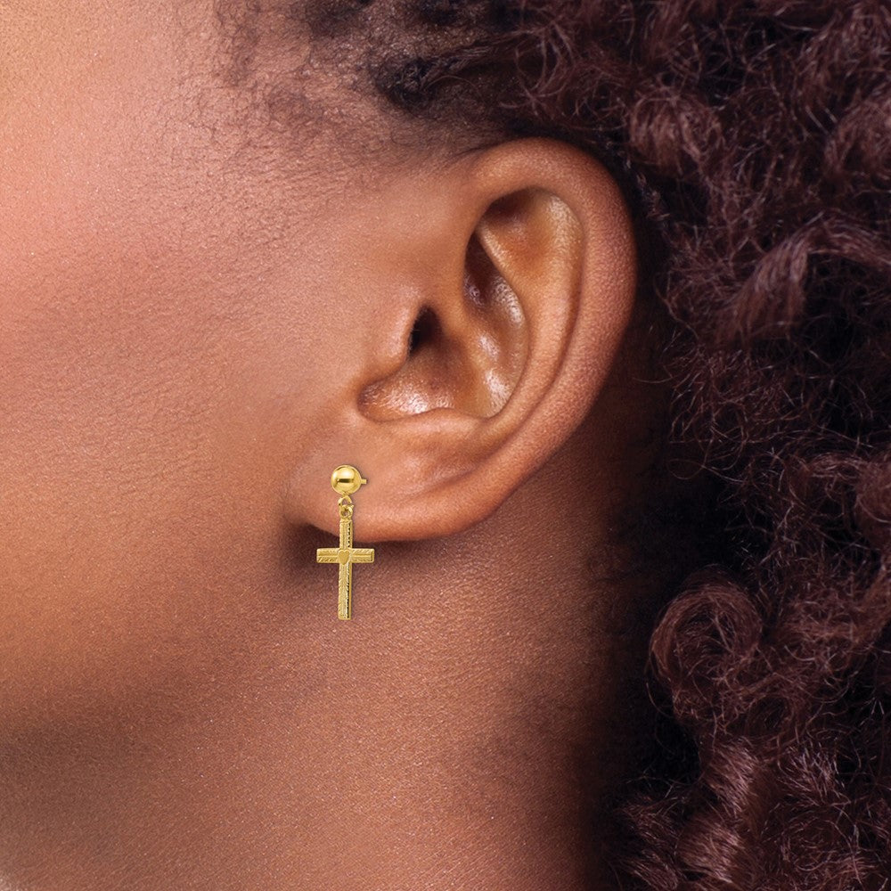Gold Polished and Satin Cross Dangle Earrings for Women - Elegant Religious Jewelry Gift (Model REL173) - Perfect for Church, Weddings and Everyday Wear