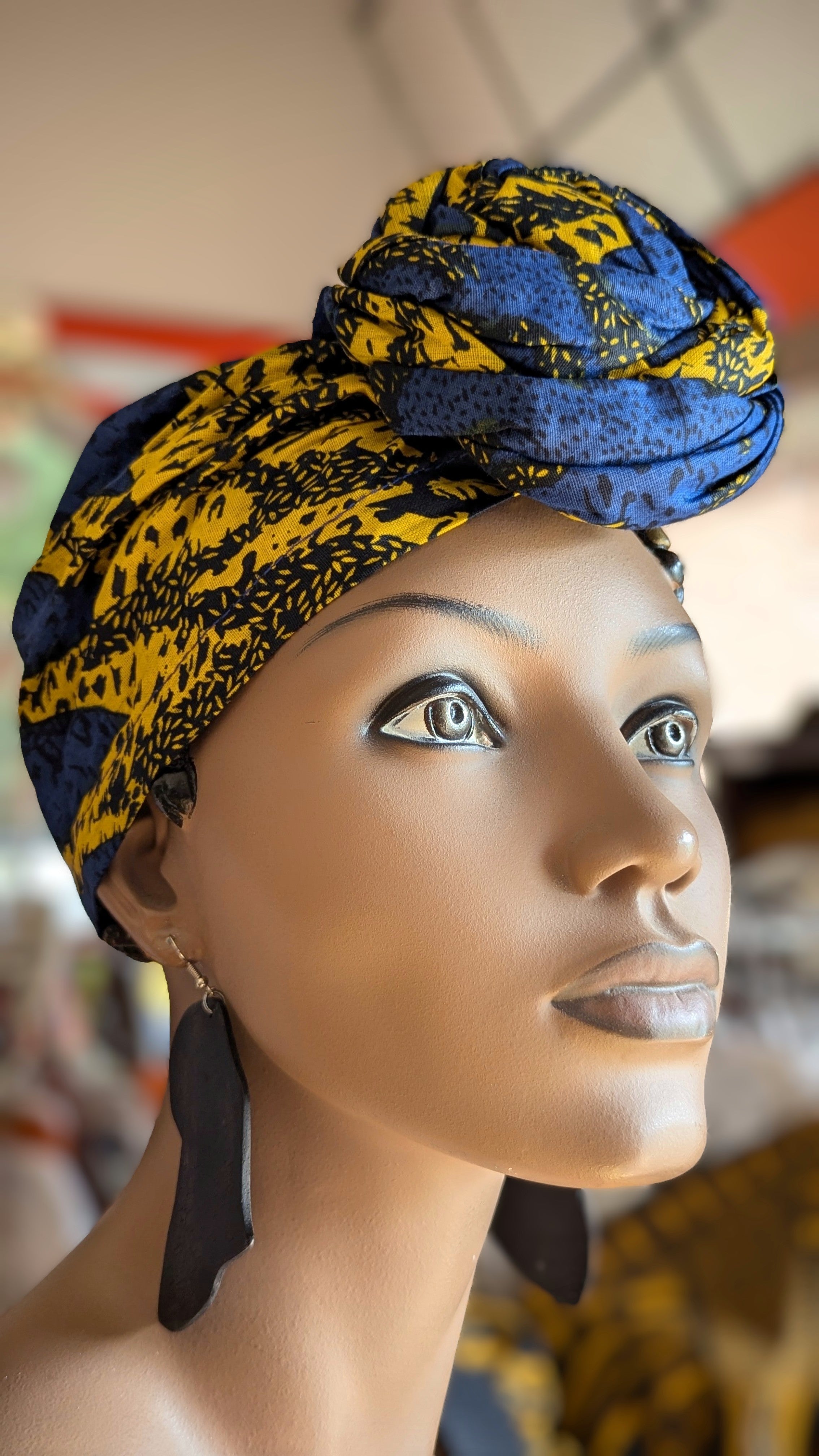 Dupsie's Zalika Blue and Gold Sunburst African Print Pre-Tied Head Wrap DP4071PT5 - Stylish Headscarf for Women, Perfect for Church, Weddings, and Cultural Events
