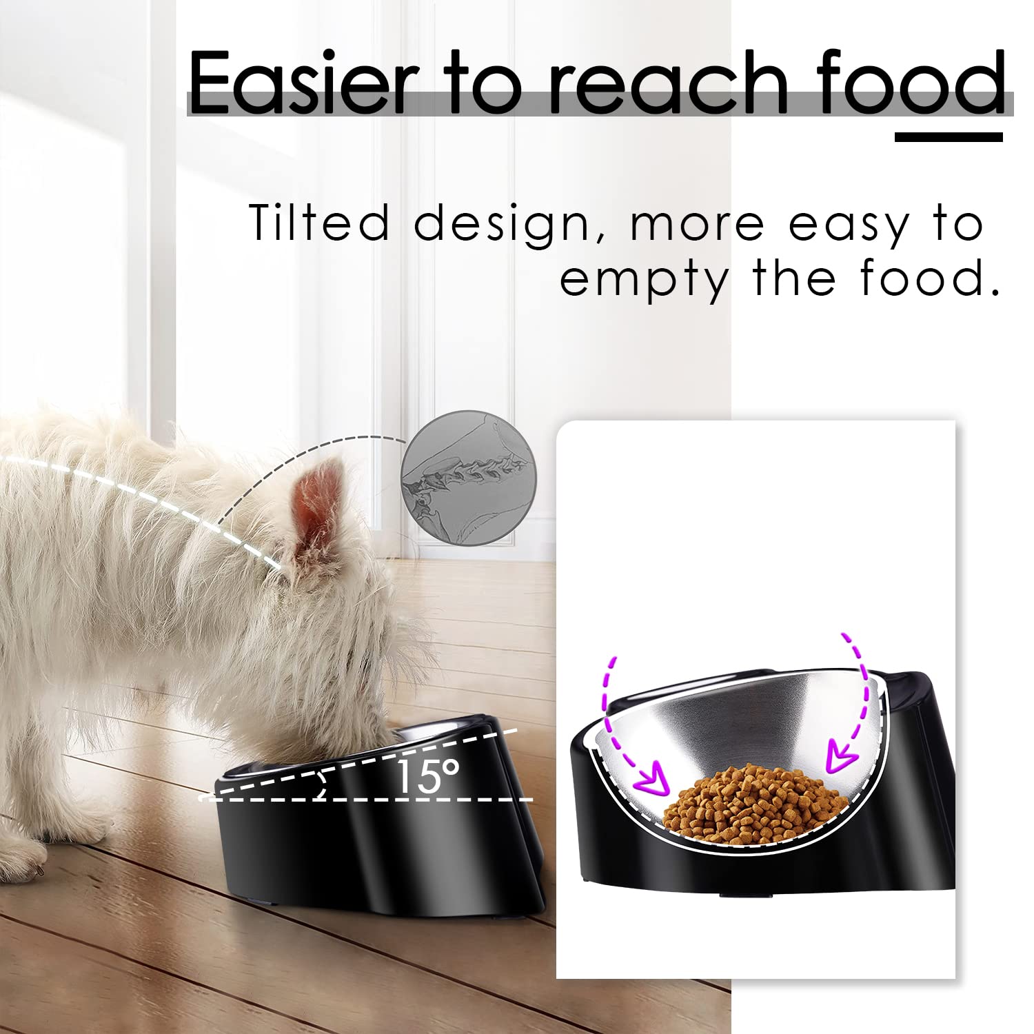 15° Slanted Stainless Steel Elevated Dog Bowl - Spill Proof Tilted Pet Food Dish for Small Dogs & French Bulldogs - Perfect for Messy Eaters & Pets with Neck Pain (Black) - Ideal for Home, Travel & Outdoor Use