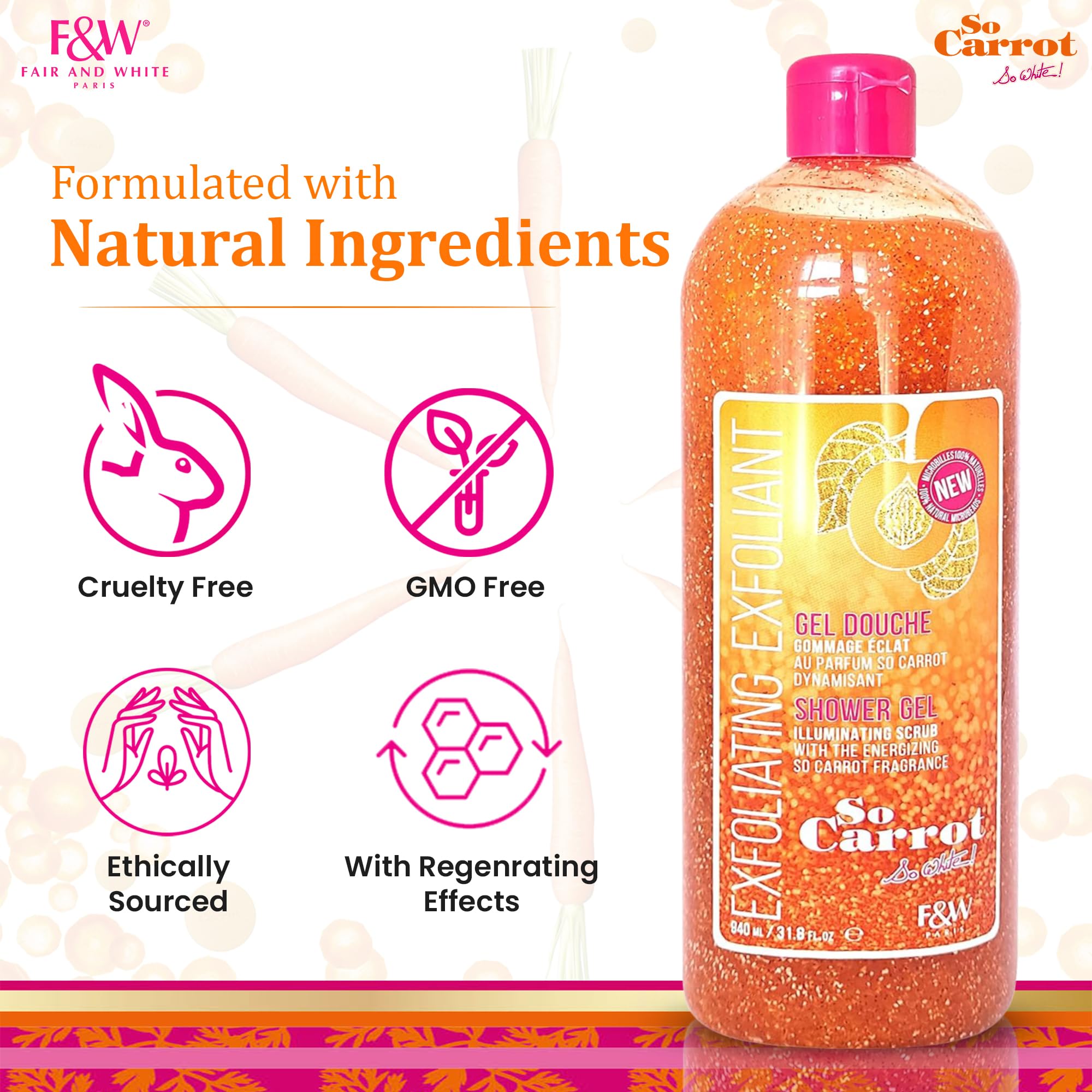 FAIR & WHITE So Carrot Body Scrub & Wash - Exfoliating & Moisturizing - 31.8 Fl Oz (940ml) - Brightening & Smoothing Skin Care - Perfect for Shower & Spa Days