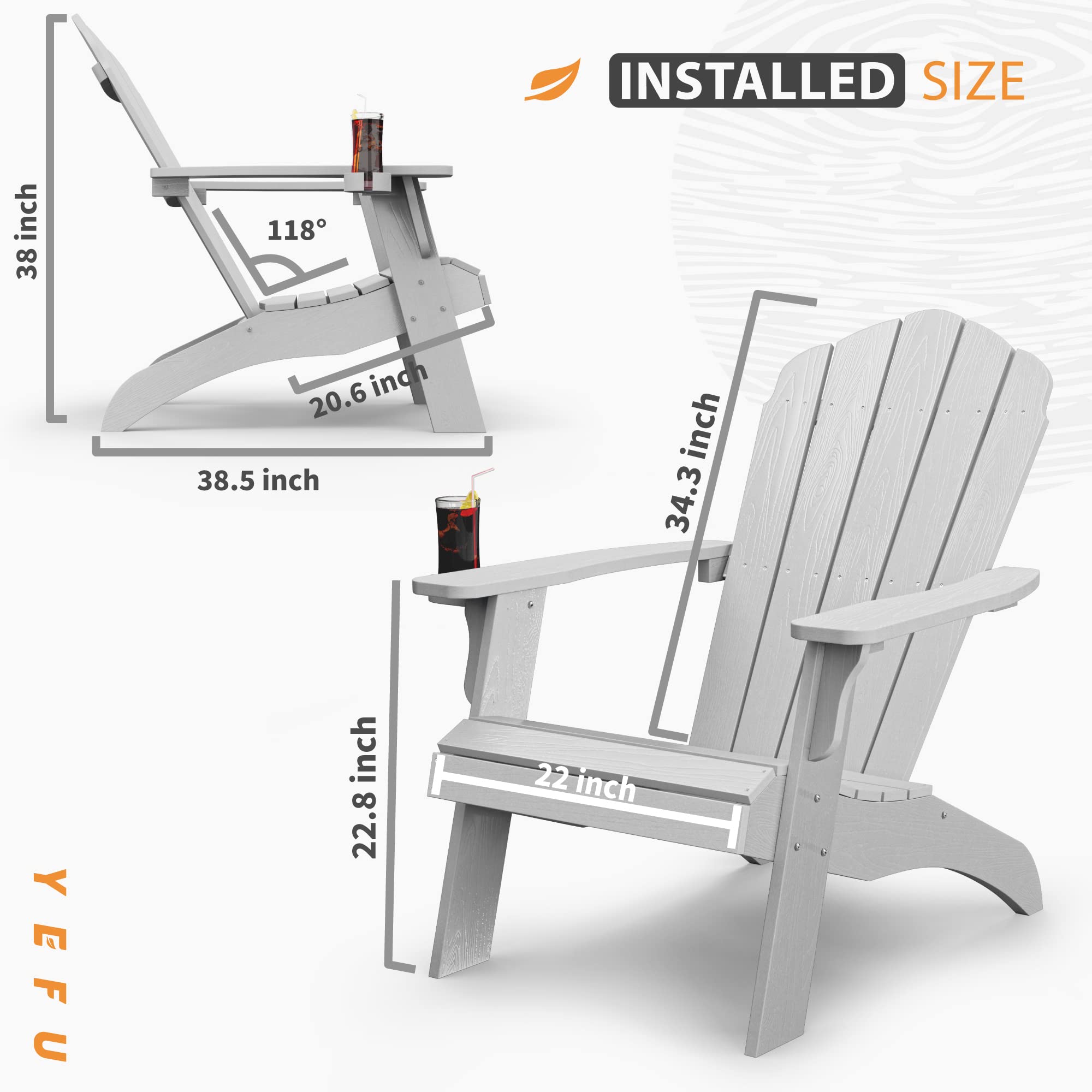 YEFU Oversized Plastic Adirondack Chair with Cup Holder - Heavy Duty Weather-Resistant Poly Lumber Outdoor Furniture for Patio, Lawn, Deck, Garden - Grey | Perfect for Relaxing, Sunbathing & Outdoor Entertaining