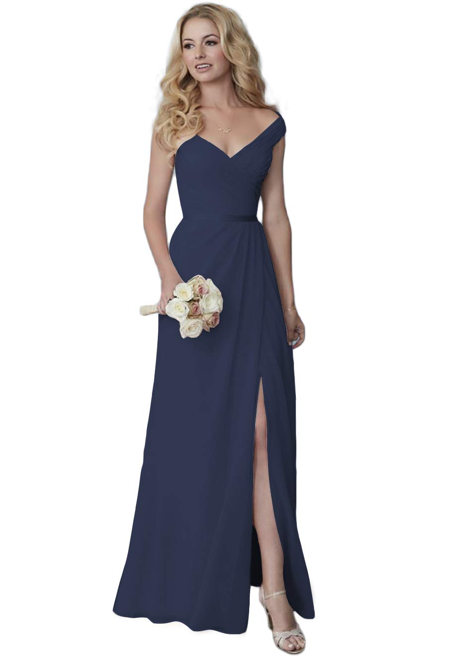 Elegant V-Neck A-Line Chiffon Bridesmaid Dress with Pleats & Side Slit - Perfect for Weddings, Formal Parties & Special Occasions
