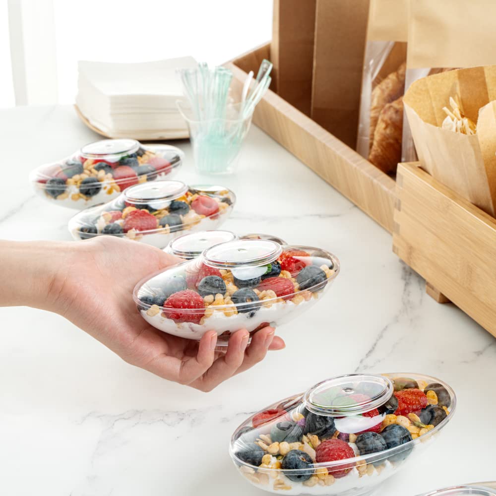 5.5 oz Clear Disposable Plastic Deli Cups with Lids - 100 Pack Oval Fruit & Appetizer Containers for Snacks, Desserts, Catering, Weddings & Birthday Parties | Perfect for Food Service, Takeout, Picnics & Party Plating