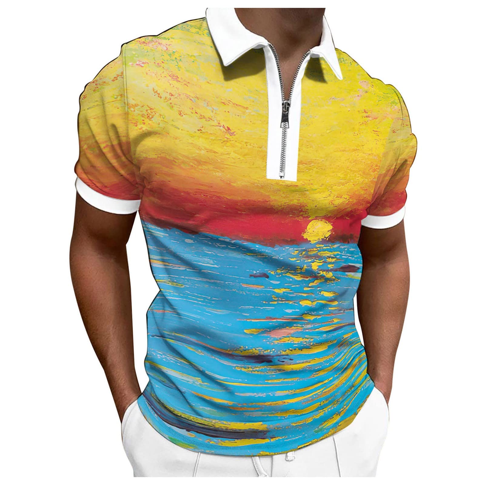 Men's Short Sleeve Floral Collar Polo Shirt - Casual & Golf Zipper Polo Shirts for Men | Breathable Regular Fit for Work, Golf & Outdoor Activities