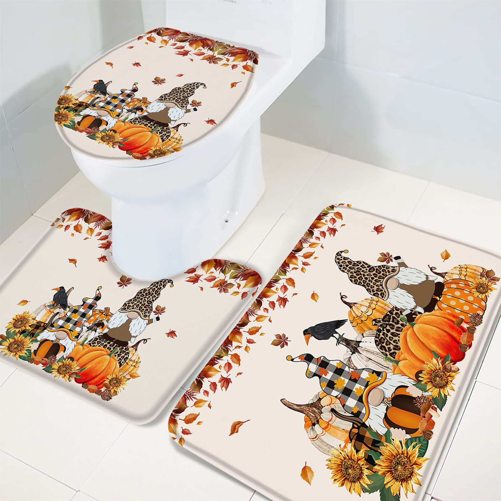 3-Piece Bathroom Rug Set - Non-Slip Absorbent Thanksgiving Fall Decor with Cartoon Gnome, Pumpkin & Sunflower Design - Contour Mat & Toilet Cover for Bathroom, Tub & Shower - Perfect for Holiday Home Decor & Cozy Bathroom Upgrades