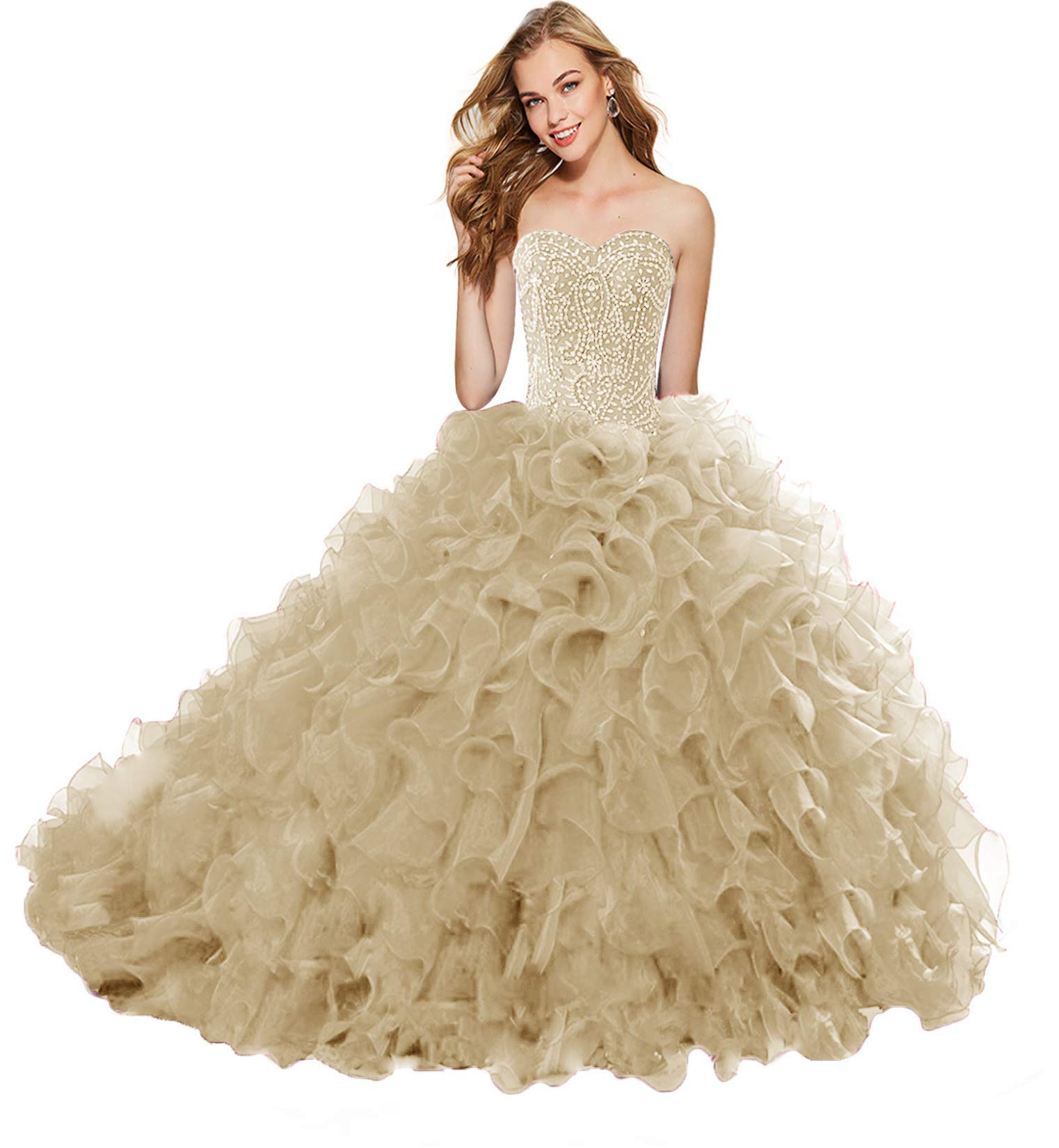 Elegant APXPF Women's Heavy Beaded Organza Ruffle Quinceañera Dress for Sweet 16, Prom & Ball Gowns - Perfect for Quinceañeras, Debutante Balls, Formal Dances and Special Occasions