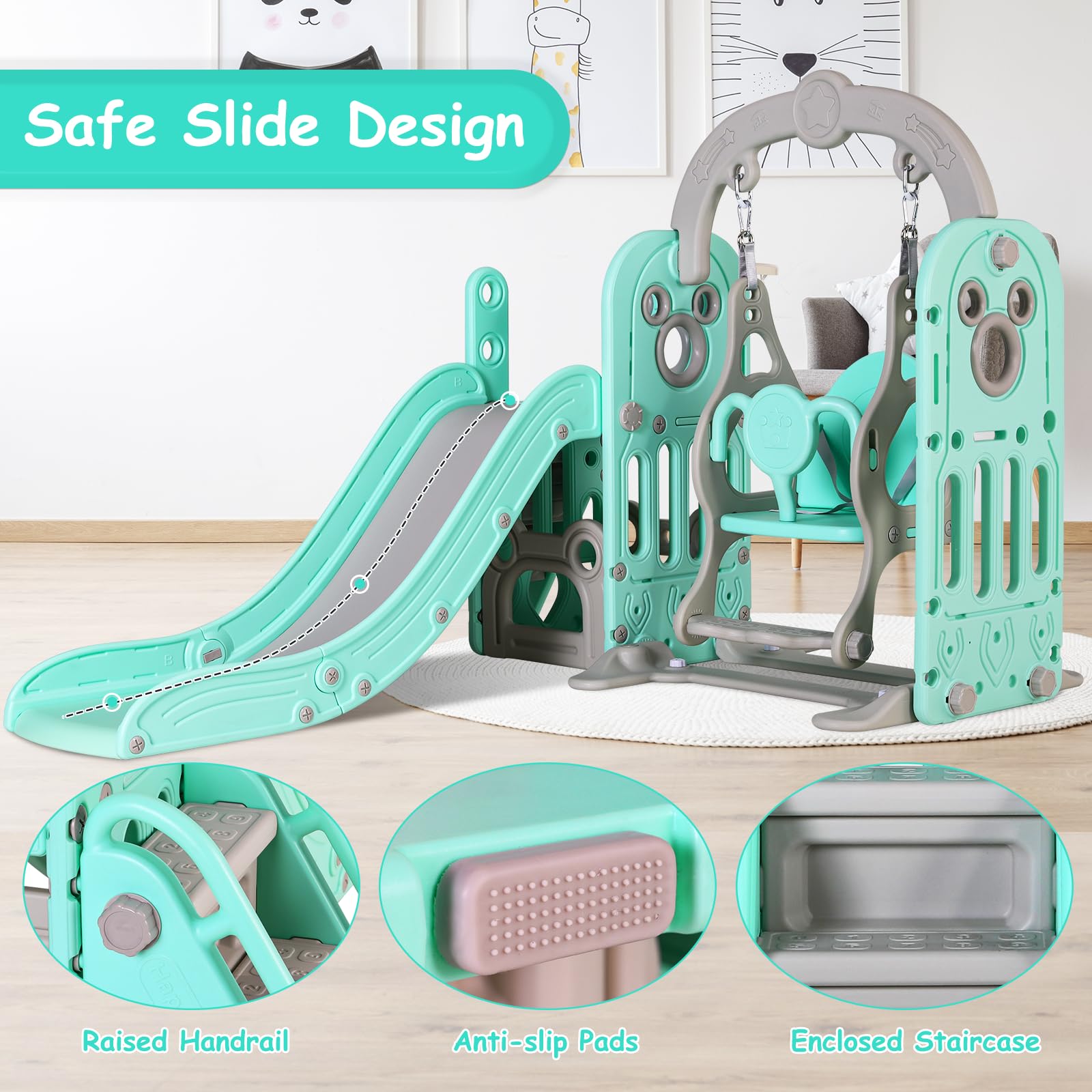 MAMIZO 6-in-1 Toddler Slide and Swing Set with Climber, Storage Bin & Basketball Hoop - Indoor/Outdoor Kids Playground Equipment for Backyard, Garden, or Playroom - Includes Reinforced Suction Cups & Ball (Green)