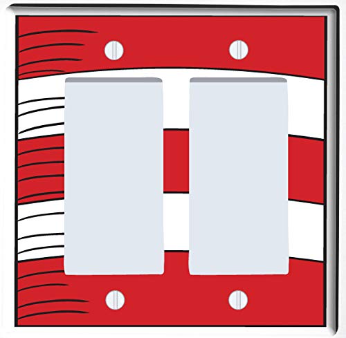 Red and White Striped Light Switch Plate & Outlet Covers - Parisian Cat Theme Decor (Double Rocker GFCI) for Living Room, Bedroom & Kitchen