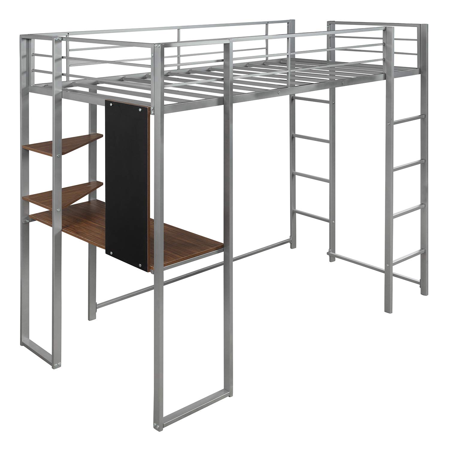 Twin Size Metal Loft Bed with Ladder & Built-in Desk - Sturdy Guardrail, Space Saving Design for Small Rooms - No Box Spring Required (Silver) | Perfect for Kids, Teens & College Dorm Rooms