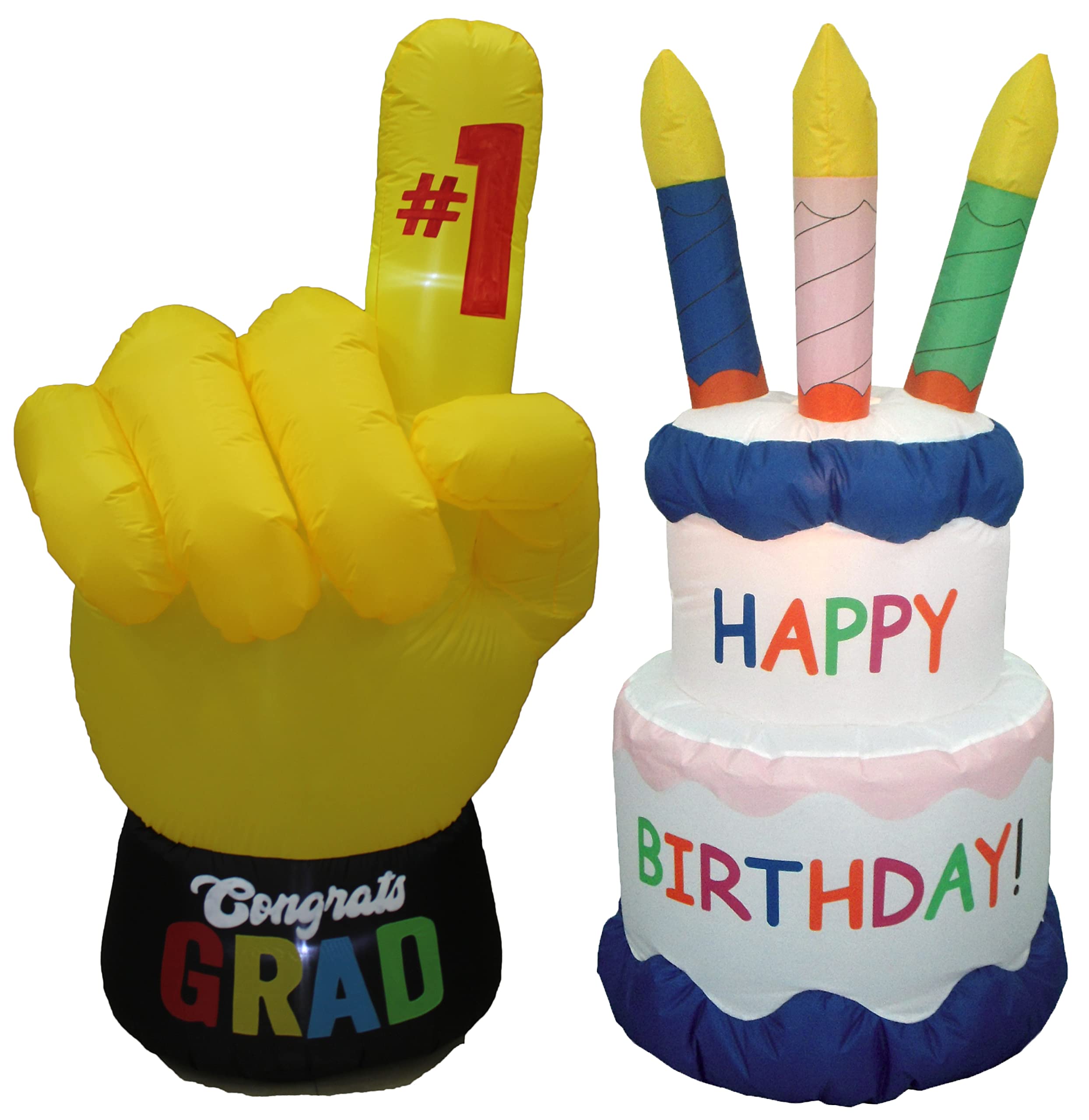 #1 Graduation Hand & Happy Birthday Cake Inflatable Decorations Set - 6ft Tall Yellow Finger Shape Congrats Sign & Giant Birthday Cake with Candles - Perfect for Graduation Parties, Birthday Celebrations, and Outdoor Events