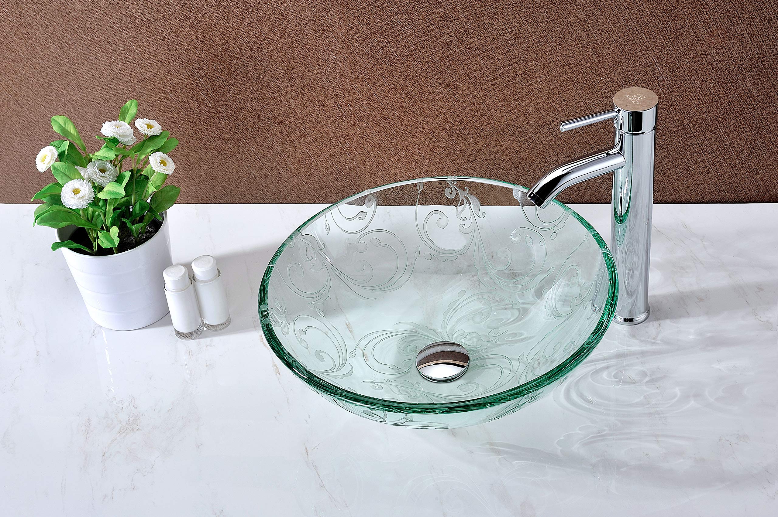 ANZZI Vieno Series Crystal Clear Flora Vessel Bathroom Sink with Pop-Up Drain - Modern Elegant Vanity Sink for Powder Room, Master Bath & Luxury Home Decor