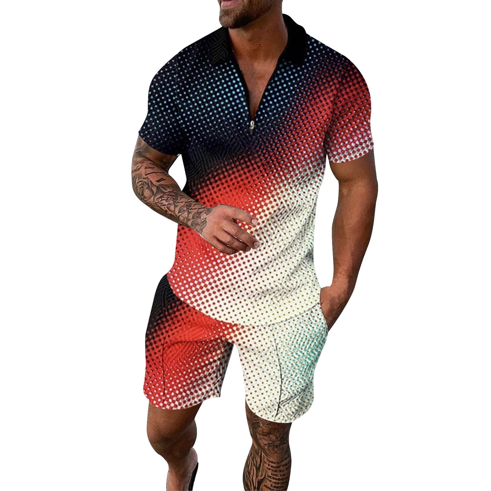 DGHM Men's Tracksuit Set - Short Sleeve Zip-Up Gym Top & Joggers, 2-Piece Casual Sportswear for Running, Workout & Lounge Wear