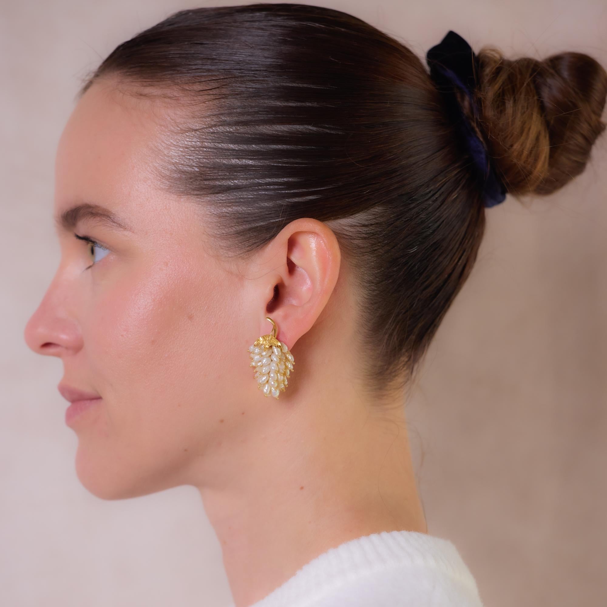 Vintage Pearl 18K Yellow Gold Grape Leaf Earrings - Elegant Dangle Drop Earrings for Women, Perfect for Weddings, Parties & Special Occasions