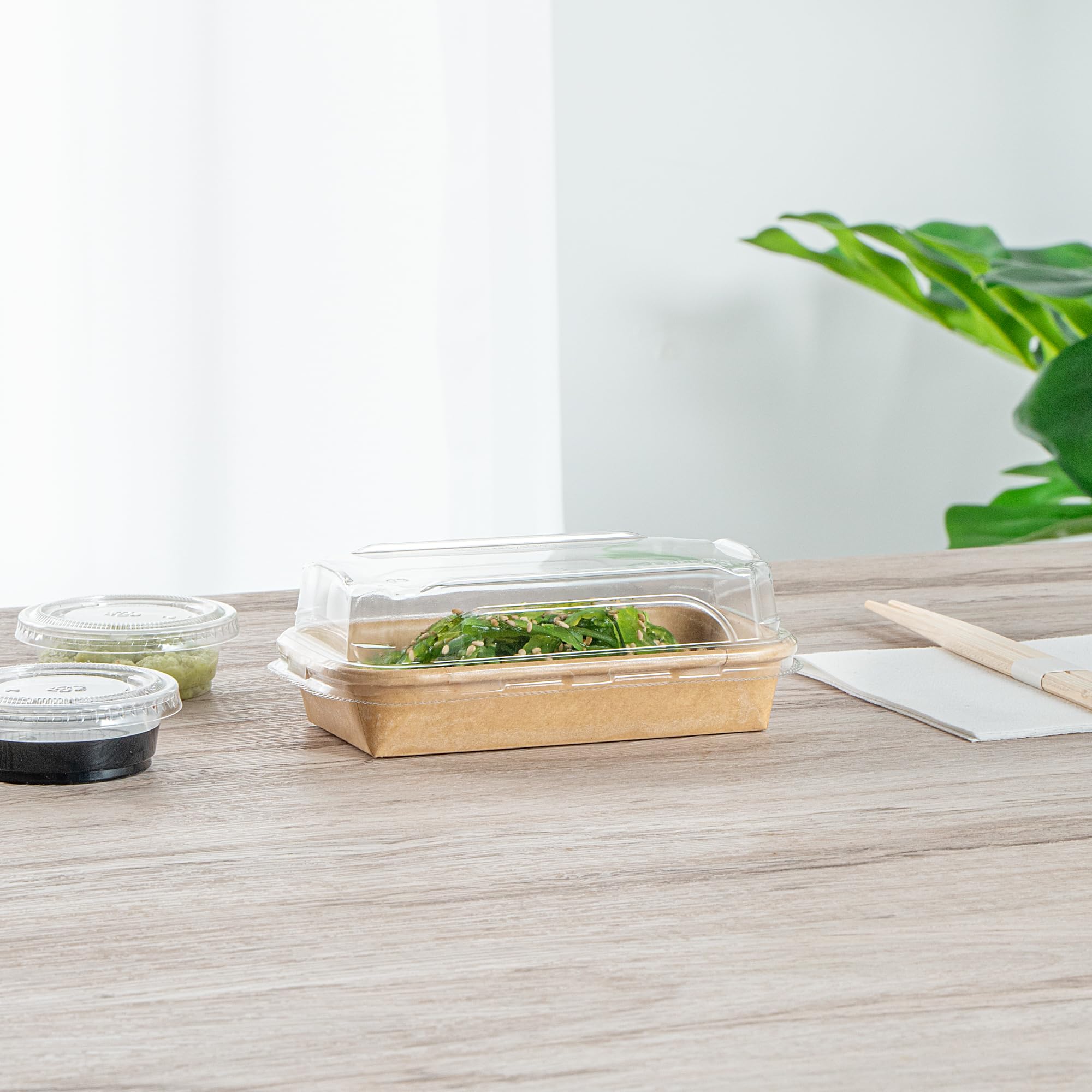Matsuri Vision 5.6 x 3.2 x 1.2 Inch Clear Plastic Dome Lids for Sushi Containers - 50 Pack Airtight No-Fog Lids (Containers Sold Separately) - Perfect for Sushi Restaurants, Catering & Takeout Boxes