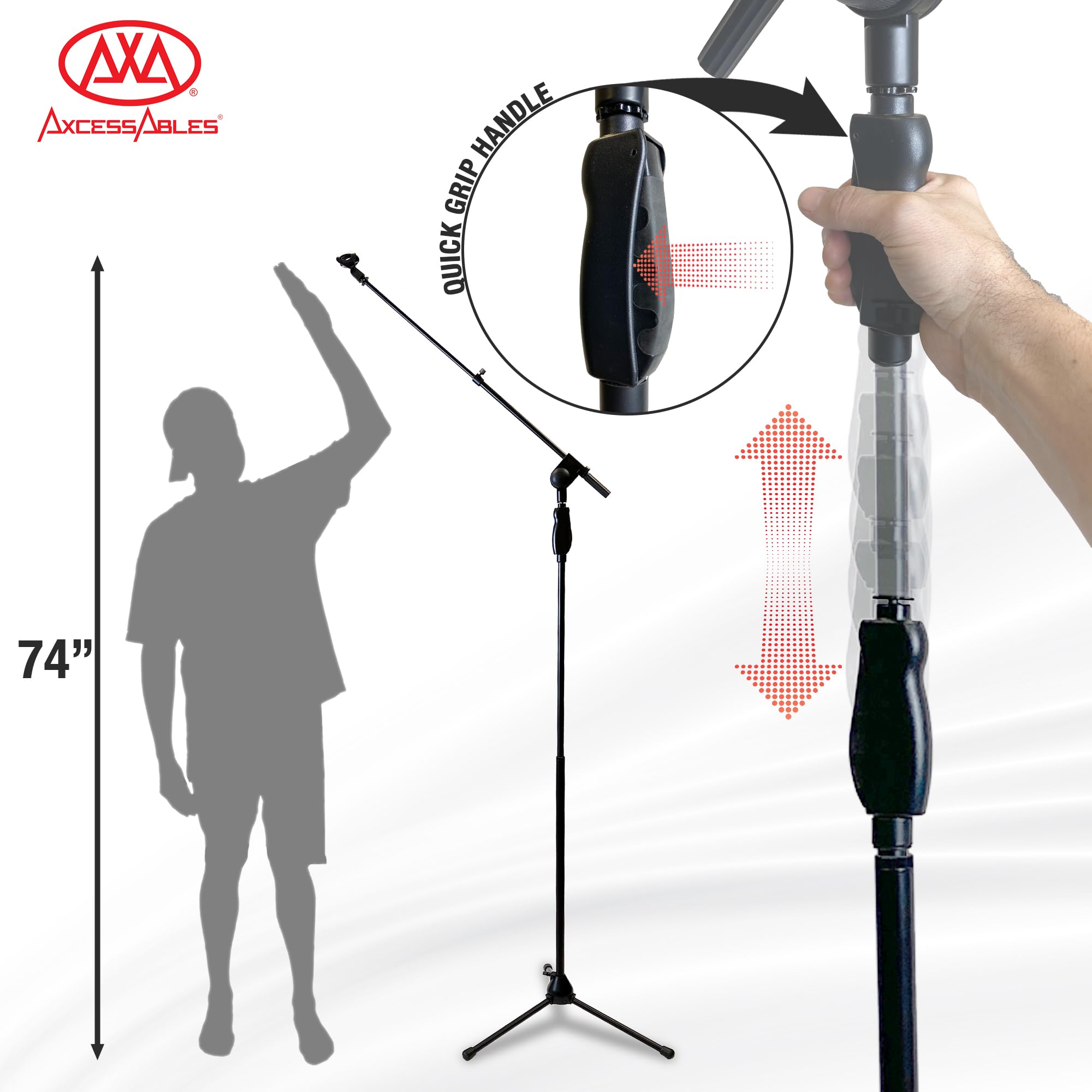 AXCMS-201TB One-Handed Microphone Stand with Tripod Base & Quick Height Adjustment - Telescoping Boom Arm Included (2-Pack) | Professional Mic Stand for Singing, Podcasting & Live Performances | Home Studio & Stage Use