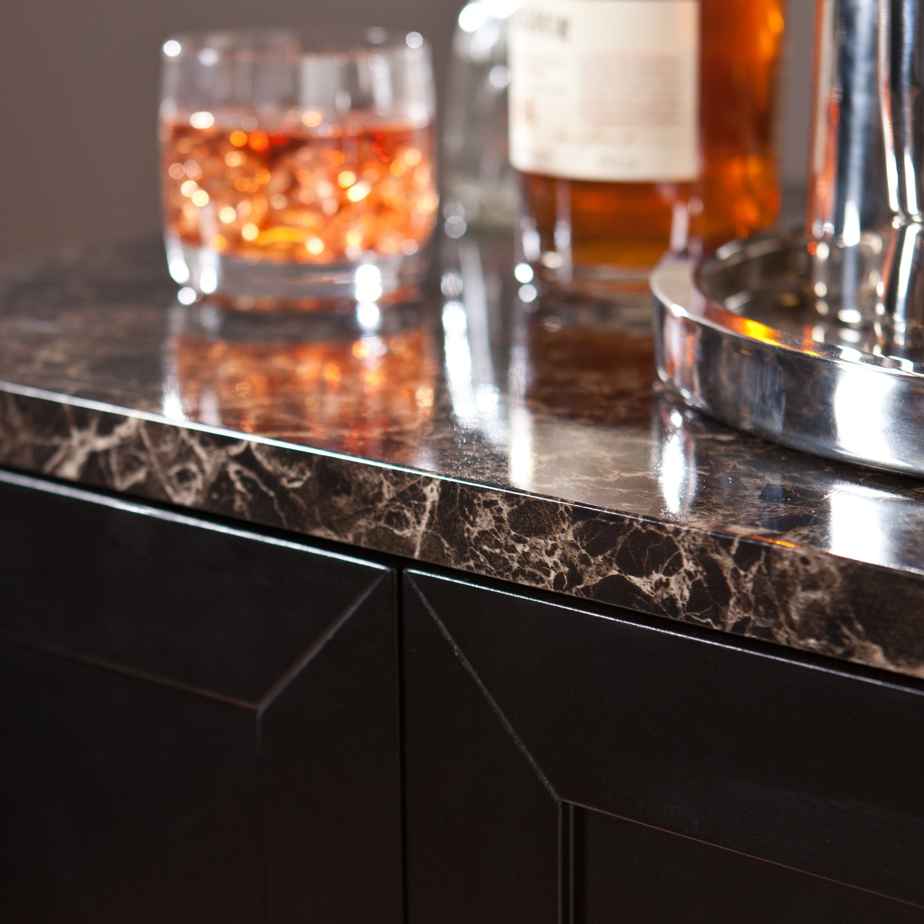 SEI Furniture Cape Town Contemporary Bar Cabinet - Wine & Liquor Storage with Faux Marble Countertop, Black Finish - Perfect for Home Bars, Dining Rooms & Entertaining Spaces