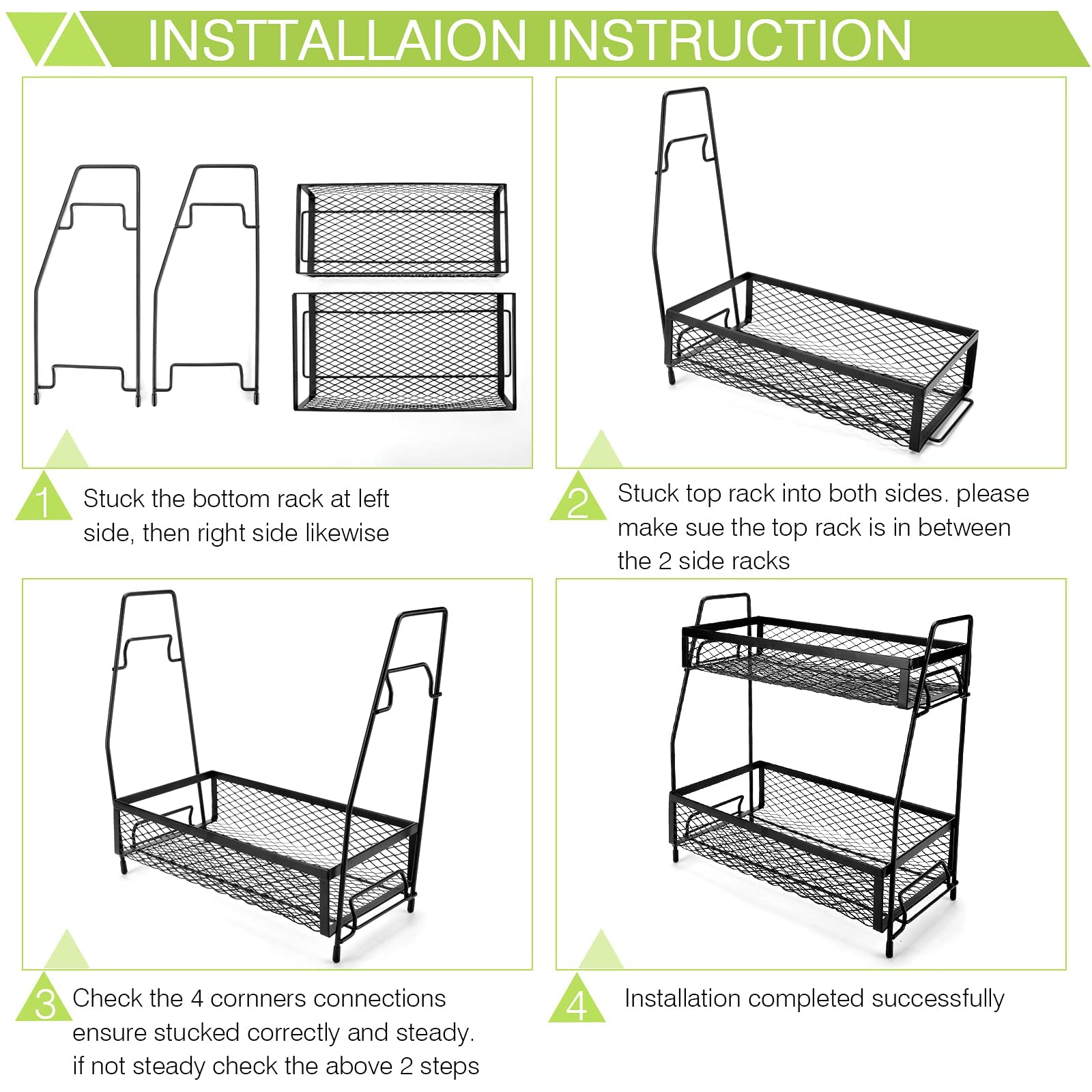 2-Tier Foldable Metal Spice Rack Organizer - Non-Slip Countertop Storage for Kitchen & Bathroom | Space-Saving Black Spice Holder for Countertops, Cabinets & Pantry Organization