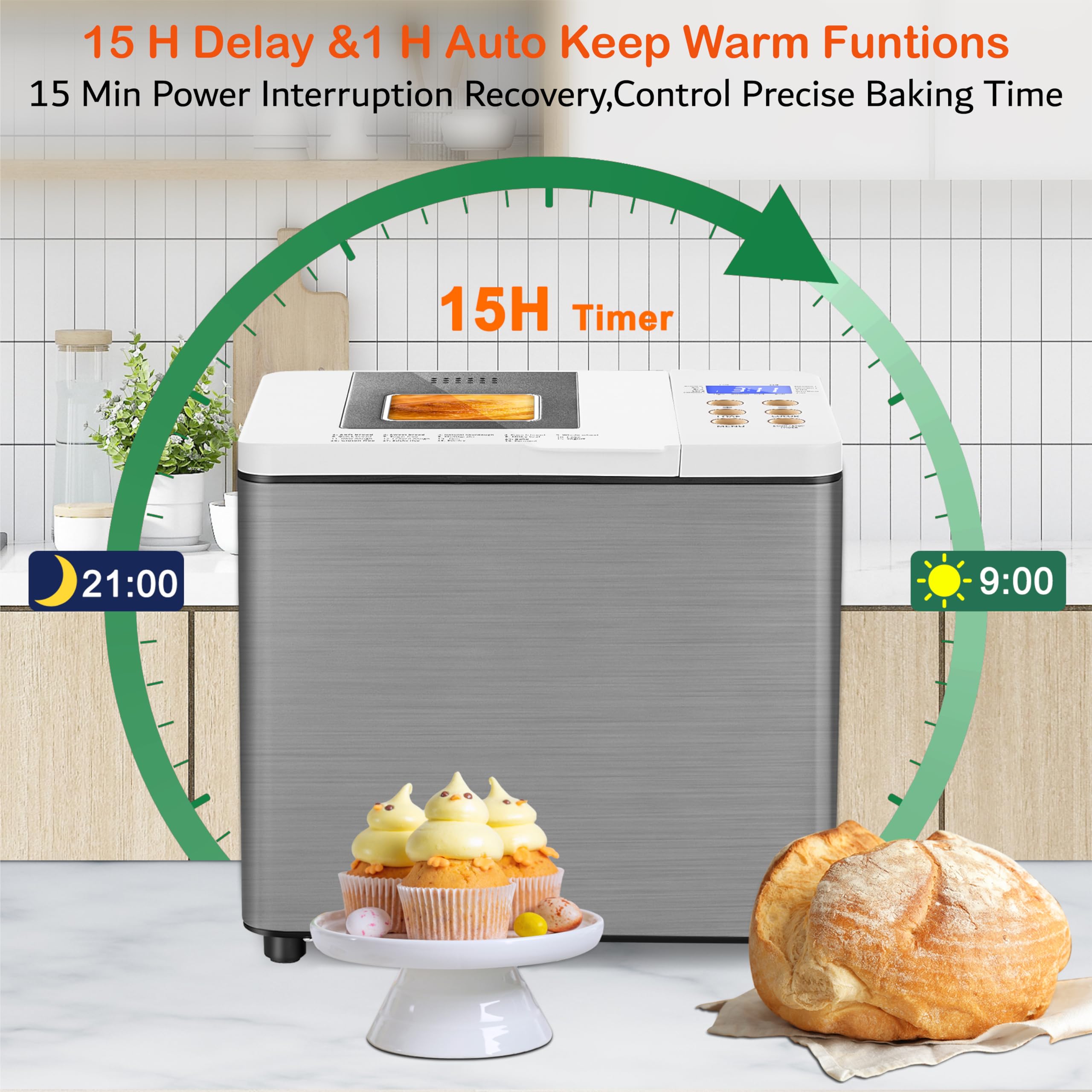 19-in-1 Smart Dual Heaters Bread Maker with Nonstick Ceramic Pan - 15H Timer & 1H Keep Warm - Stainless Steel Bread Machine for French, Gluten-Free, Sourdough - Perfect for Home Baking & Healthy Breakfast