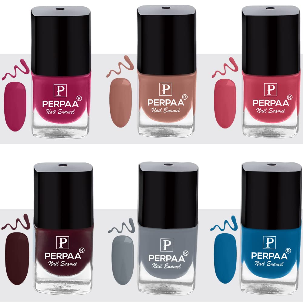 PERPAA® 6-Pack Long-Lasting Gel Nail Polish Set - Quick Drying, Chip Resistant, High Gloss Finish (Pink, Light Pink, Nude, Grey, Maroon, Blue) - Perfect for Salon, Home Manicures, Parties & Special Occasions