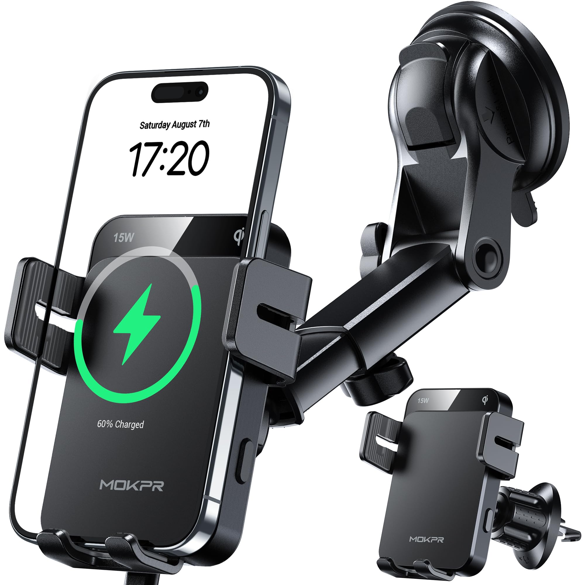 15W MOKPR Auto-Clamping Wireless Car Charger - Fast Charging Phone Holder for iPhone 16/15/14/13/12/11/X/8 & Samsung S24/S23/S22 - Compatible with Dashboard, Windshield & Air Vent Mounts | Perfect for Road Trips & Daily Commutes
