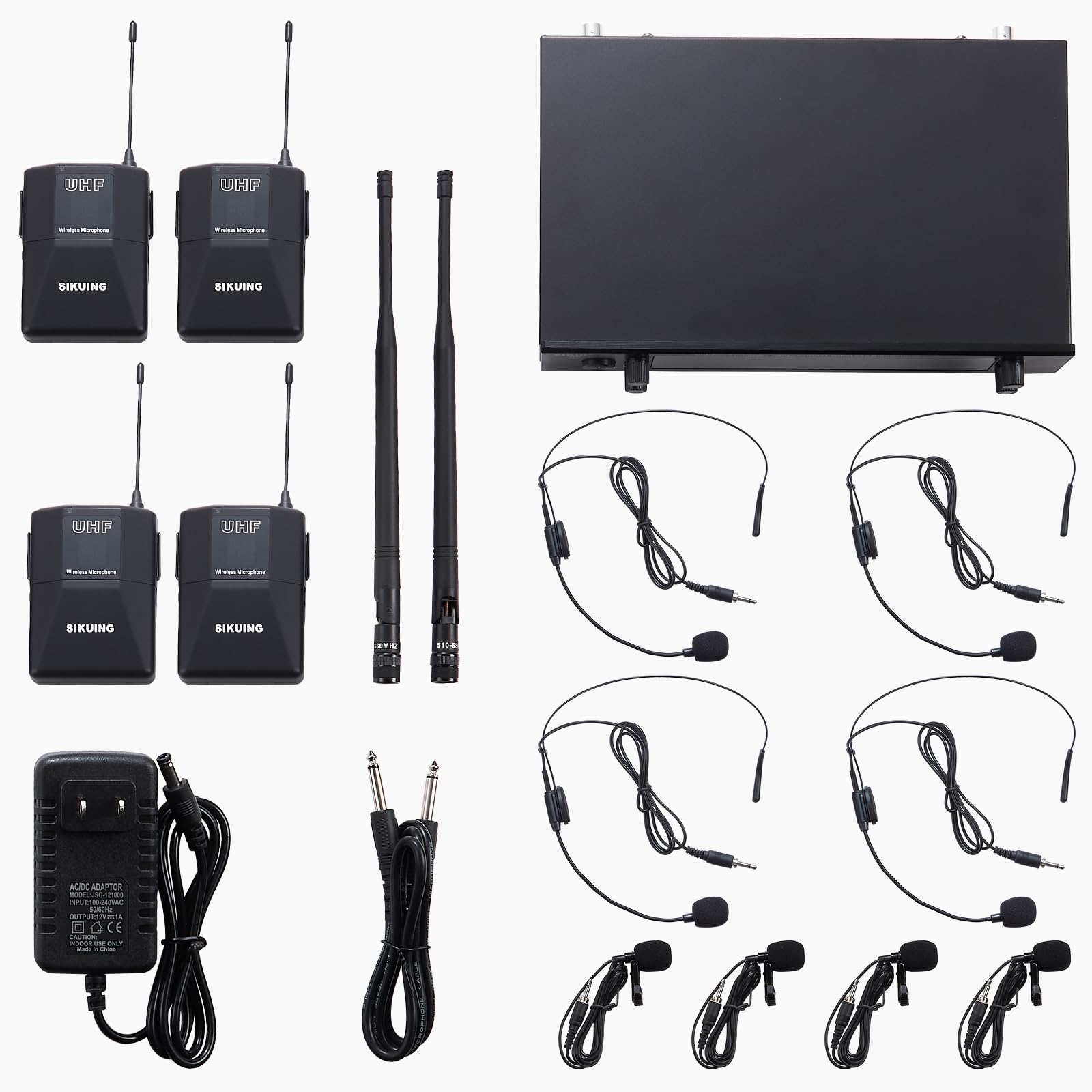 4 Channel UHF Wireless Microphone System with 4 Lavalier Headset Mics - 200 Adjustable Frequencies, 300ft Range - Perfect for Karaoke, Church, Meetings, School Presentations & Live Performances