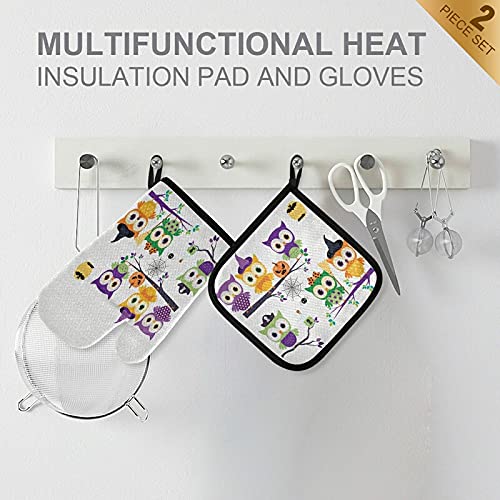 Halloween Owl Oven Mitts & Pot Holder Set - Heat Resistant Kitchen Gloves for Baking, Grilling, BBQ - Cute Pumpkin & Branch Design for Fall Decor