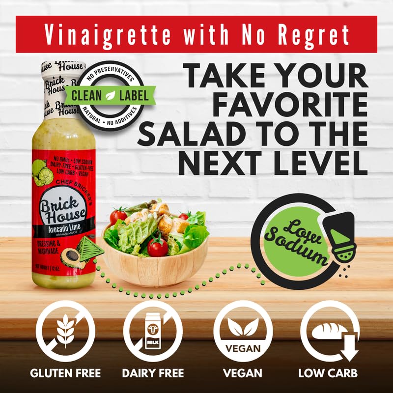 Organic Avocado Lime Salad Dressing - Vegan, Low Carb, Keto-Friendly, Non-GMO & Low Sodium - Perfect for Salads, Wraps, Bowls & Healthy Meal Prep - Brick House 12 Oz Bottle