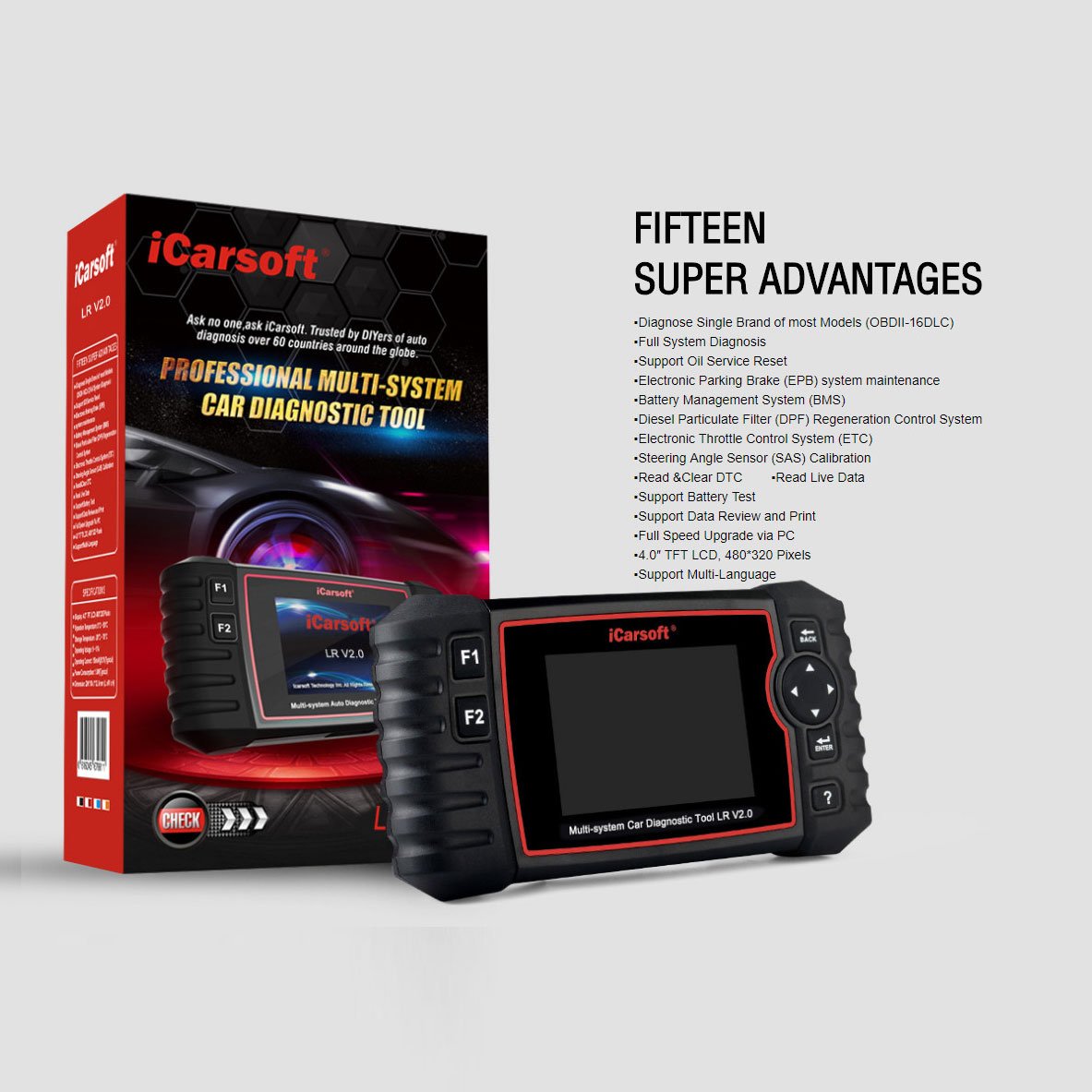 iCarsoft LR V2.0 Professional OBD2 Scanner - Land Rover & Jaguar Diagnostic Tool for ABS, SRS, Oil Reset - Works with Range Rover, Discovery, Evoque - Auto Repair & Maintenance Essential for DIY Mechanics & Shops
