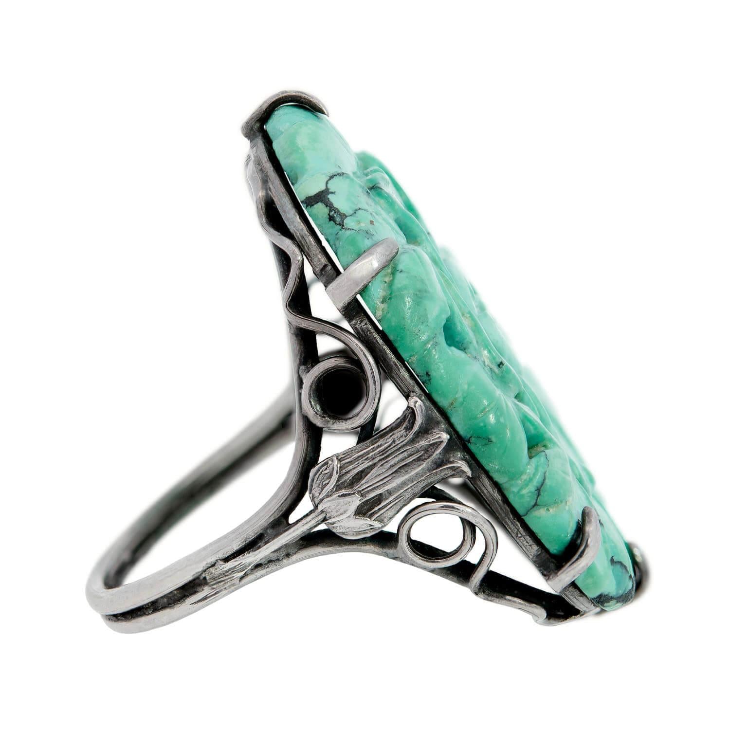Antique Edwardian Sterling Silver Chinese Carved Turquoise Ring - Vintage Jewelry for Women, Unique Handmade Blue Gemstone Engagement Gift, Perfect for Weddings, Anniversaries & Special Occasions