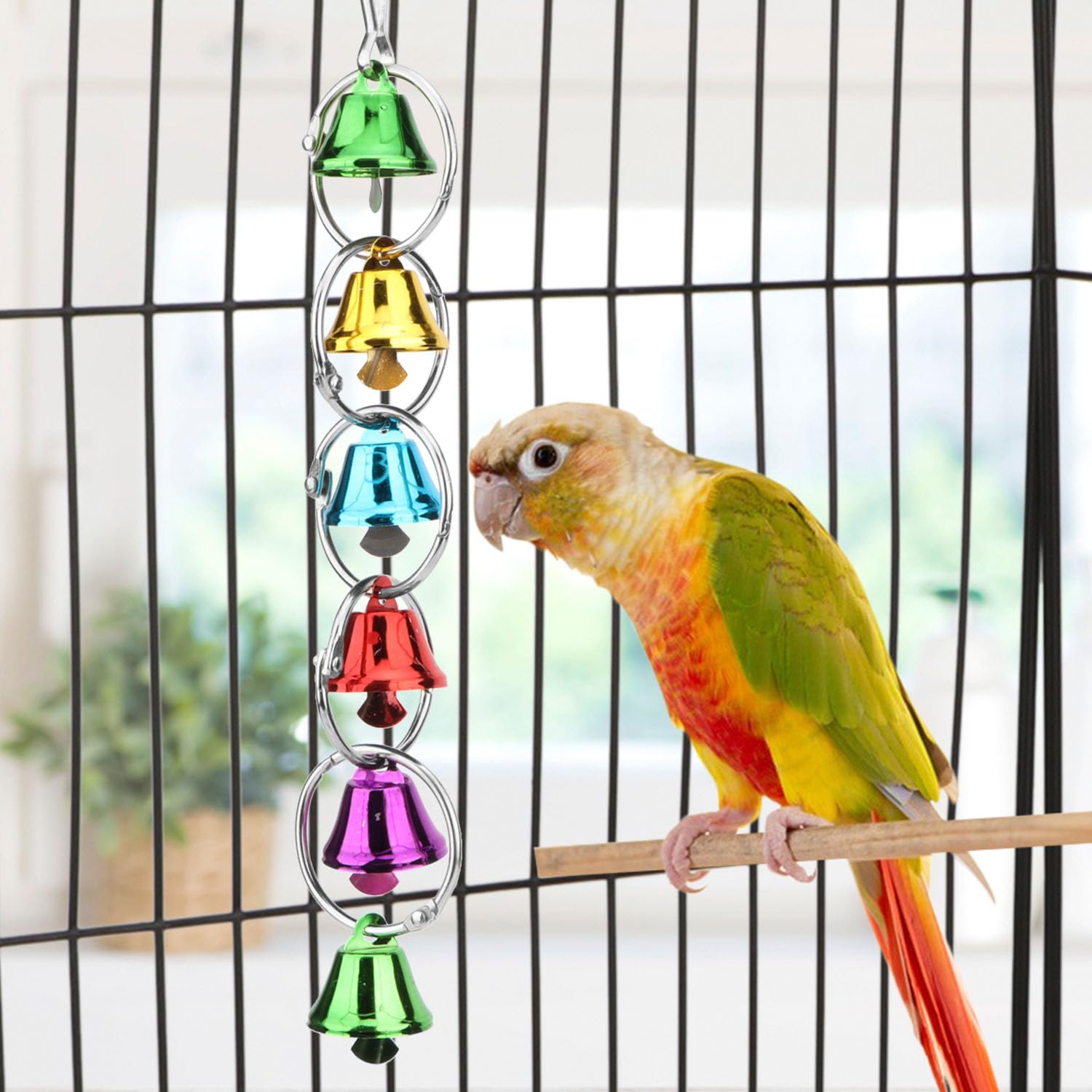 Colorful Parrot Chew Toys with Bells - Hanging Bird Cage Toy for African Grey, Conure & Cockatiel - Durable Swing Chandelier for Parrot Entertainment & Beak Exercise - Perfect for Playtime & Mental Stimulation