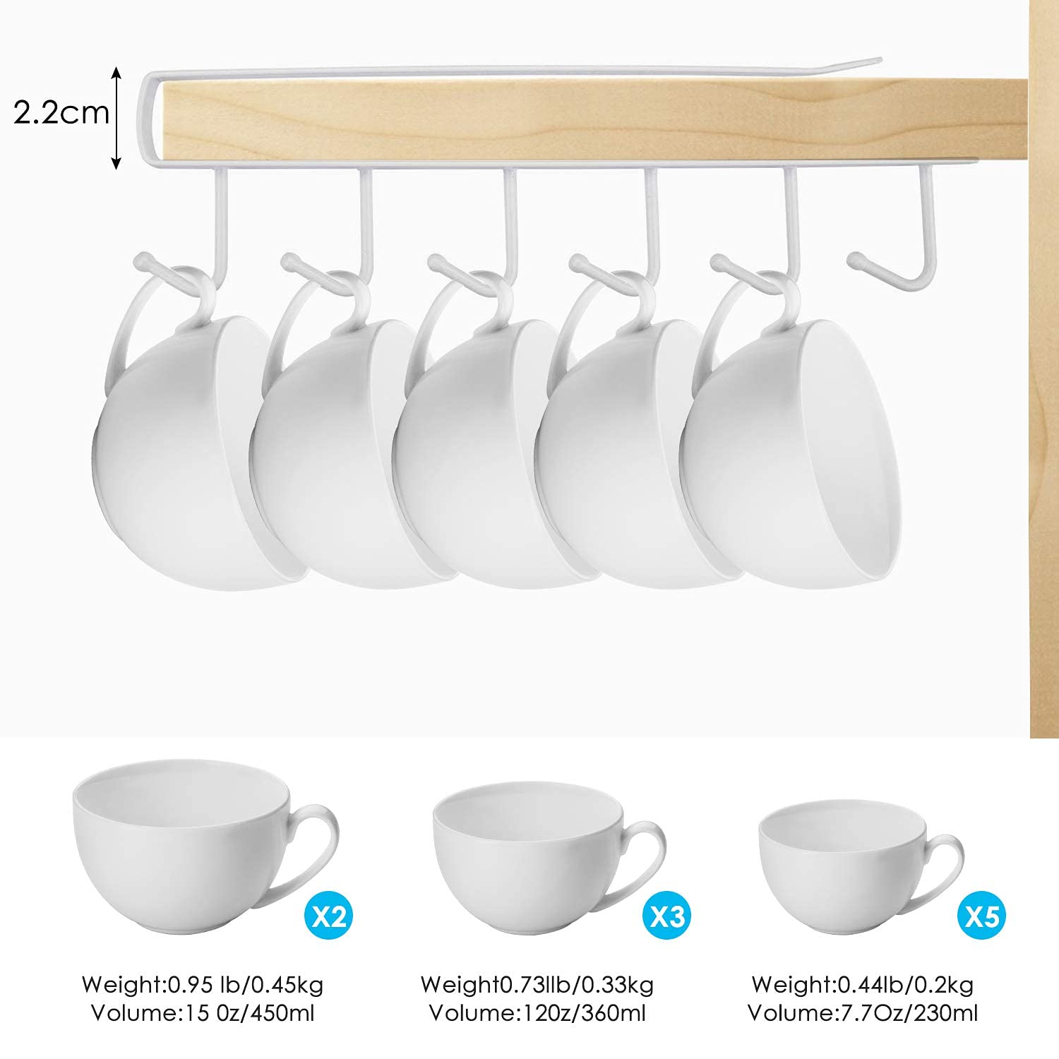 3-Pack Under Cabinet Mug Hangers - 6 Hook Adhesive Cup Holder for Coffee Mugs - Space Saving Kitchen Organization for Cabinets, Pantry & Office