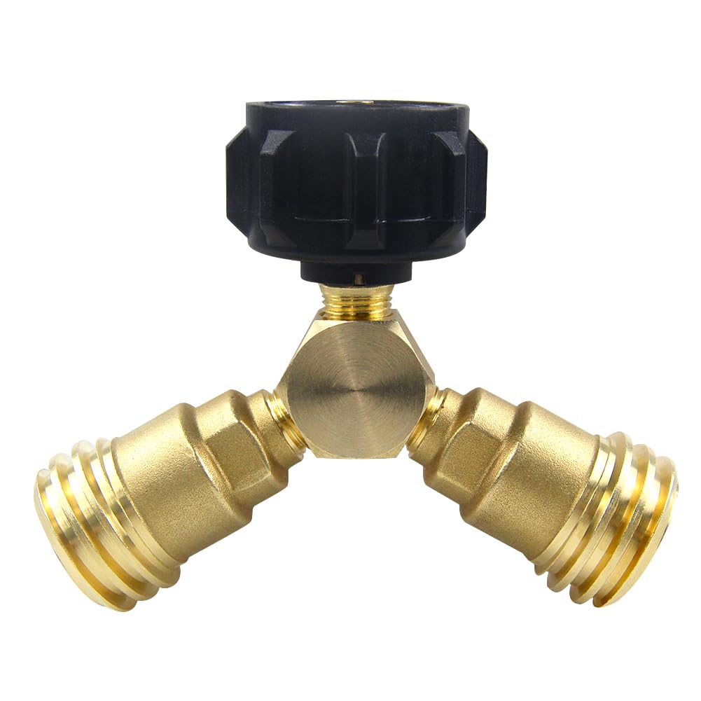 Hooshing Propane Tank Y Splitter Adapter with Valves - 2 Way LP Gas Tee Connector in Solid Brass for BBQ Grill, Heater & Camping Stoves - Perfect for Outdoor Cooking, Tailgating and RV Use