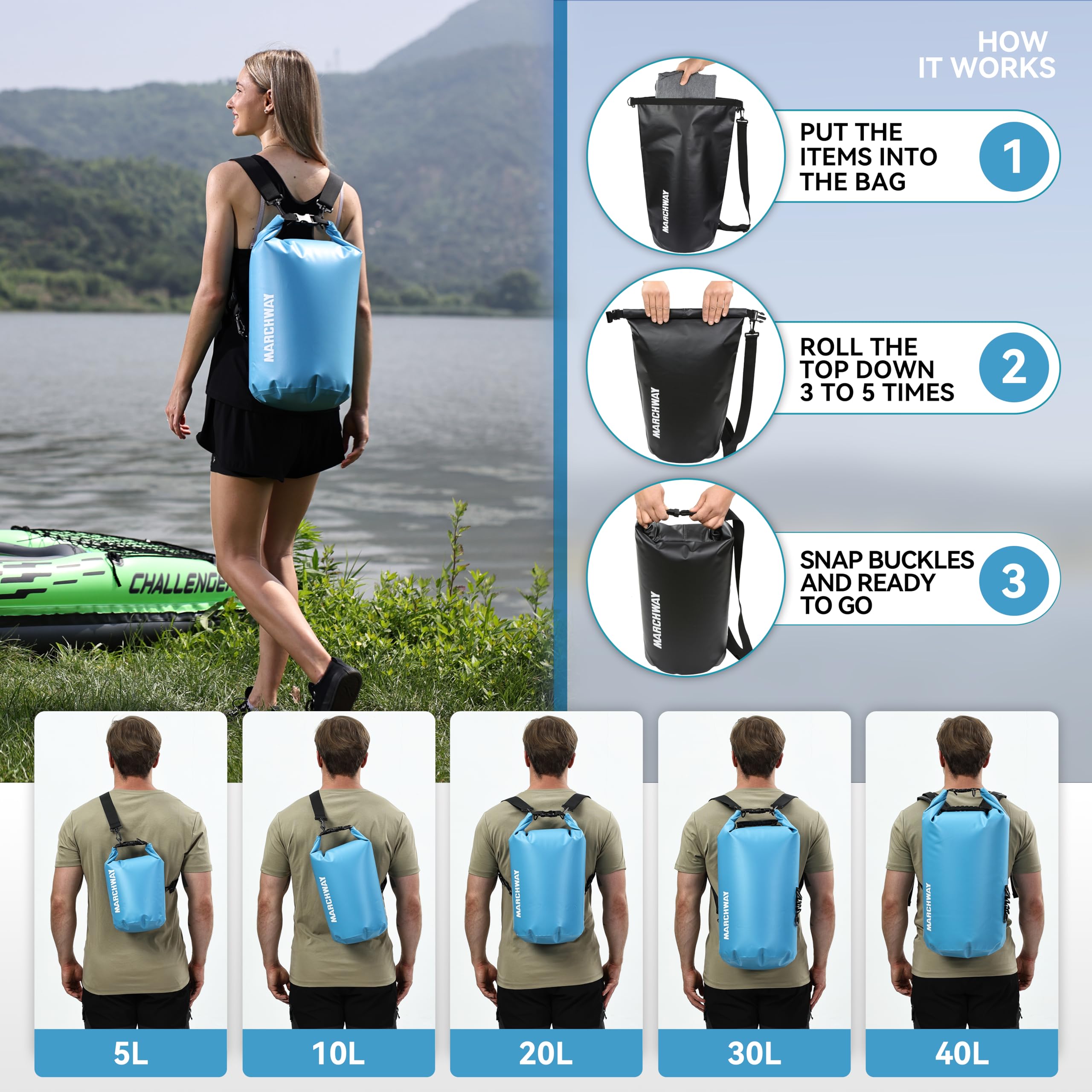 Waterproof Dry Bag Backpack 5L 10L 20L 30L 40L - Floating Roll Top Sack for Kayaking, Rafting, Boating, Swimming, Camping, Hiking, Beach & Fishing - Keeps Gear Dry in Any Water Adventure
