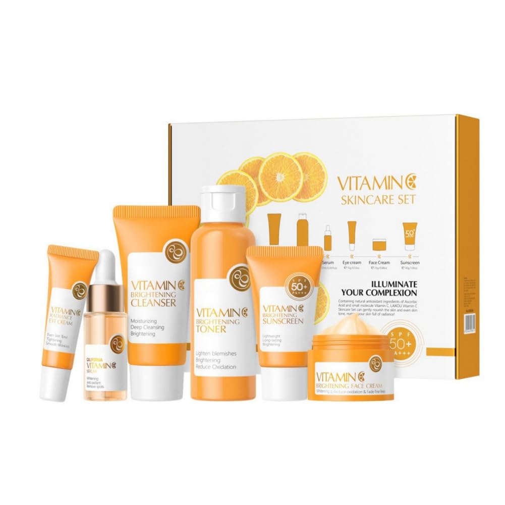 NAOLVE Vitamin C Skincare Set - 6 Piece Anti-Aging Kit with Cleanser, Toner, Serum, Eye Cream, Moisturizer & SPF Sunscreen - Brightening Facial Care Routine for Glowing Skin - Perfect Travel Skincare Gift Set for Women - Ideal for Daily Use, Morning & Night Routine