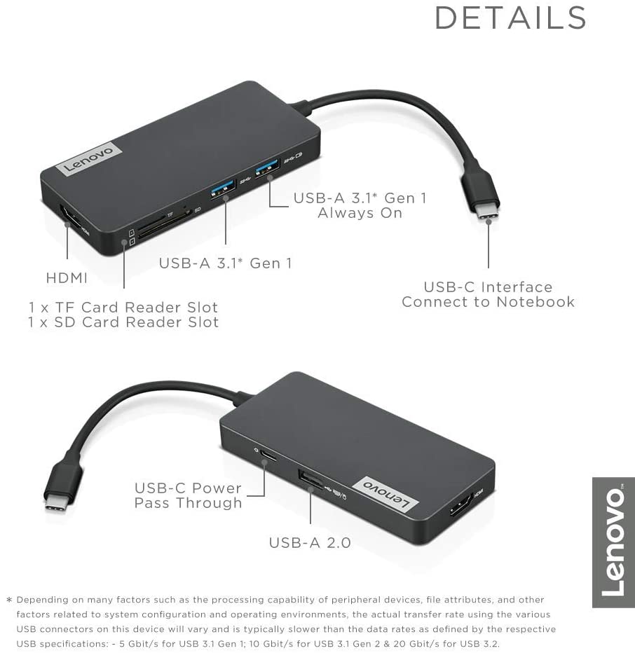 Lenovo 7-in-1 USB C Hub with HDMI, USB 3.1/2.0 Ports, SD/TF Card Reader & Laptop Charging - GX90T77924 (Iron Grey) - Perfect for MacBook, Dell, HP & More for Work, Travel & Home Office